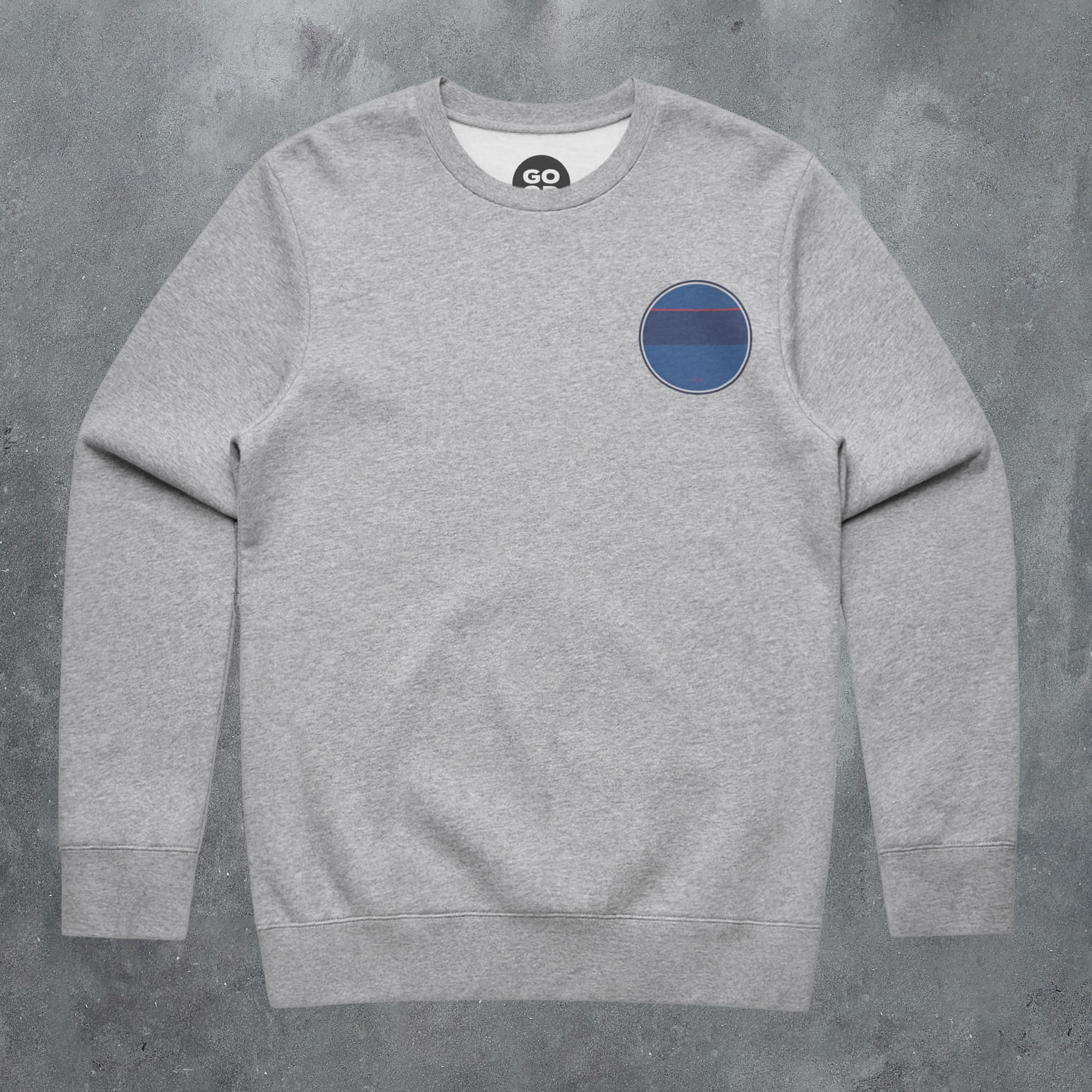 a grey sweatshirt with a blue circle on the front