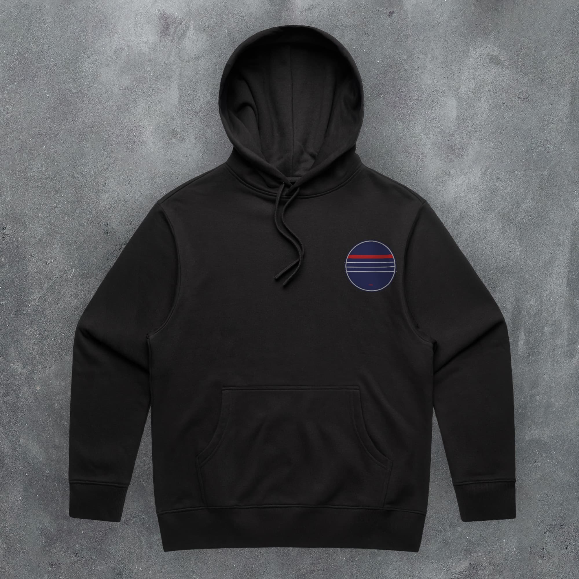a black hoodie with a red, white, and blue stripe on the chest