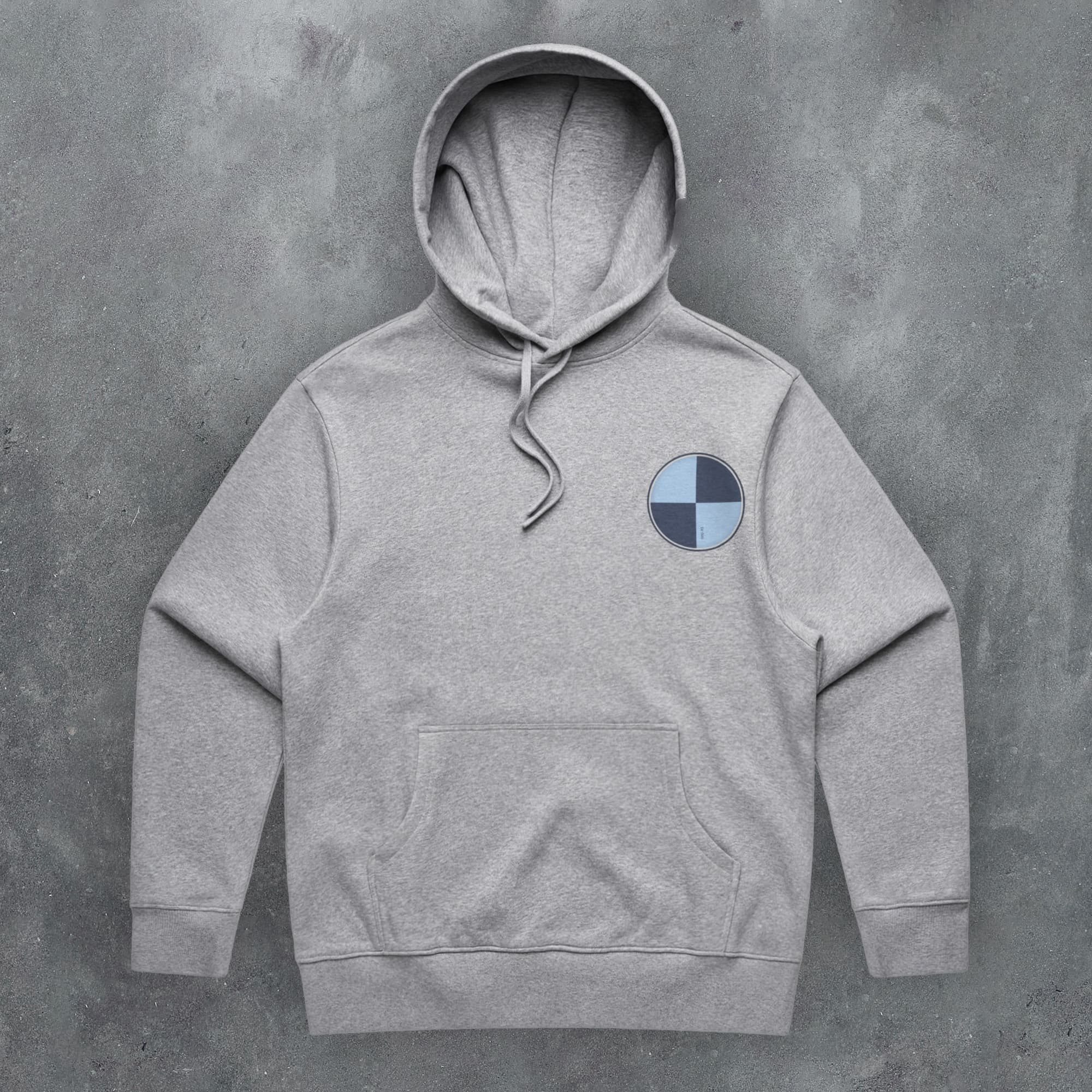 a grey hoodie with a blue circle on it