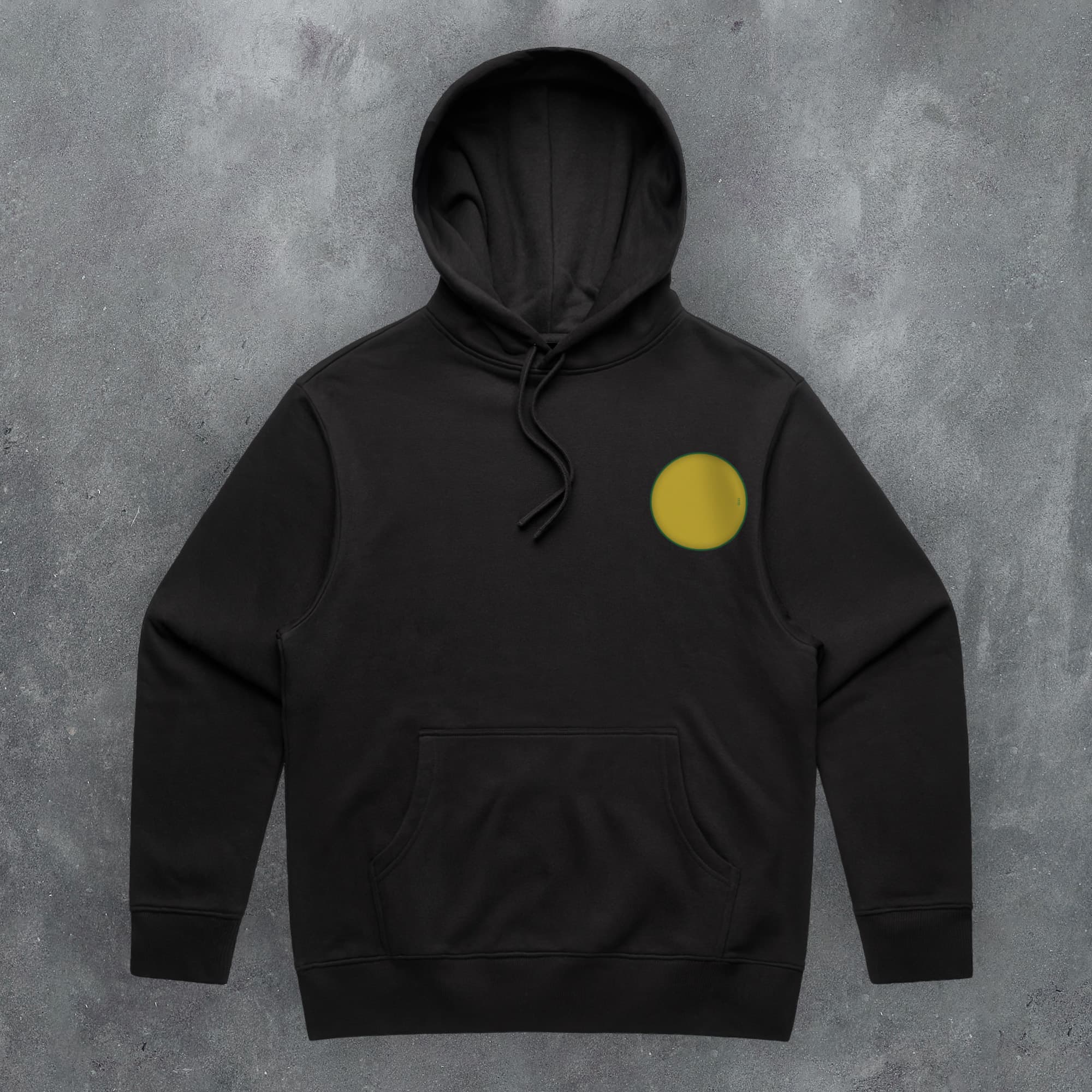 a black hoodie with a yellow circle on it