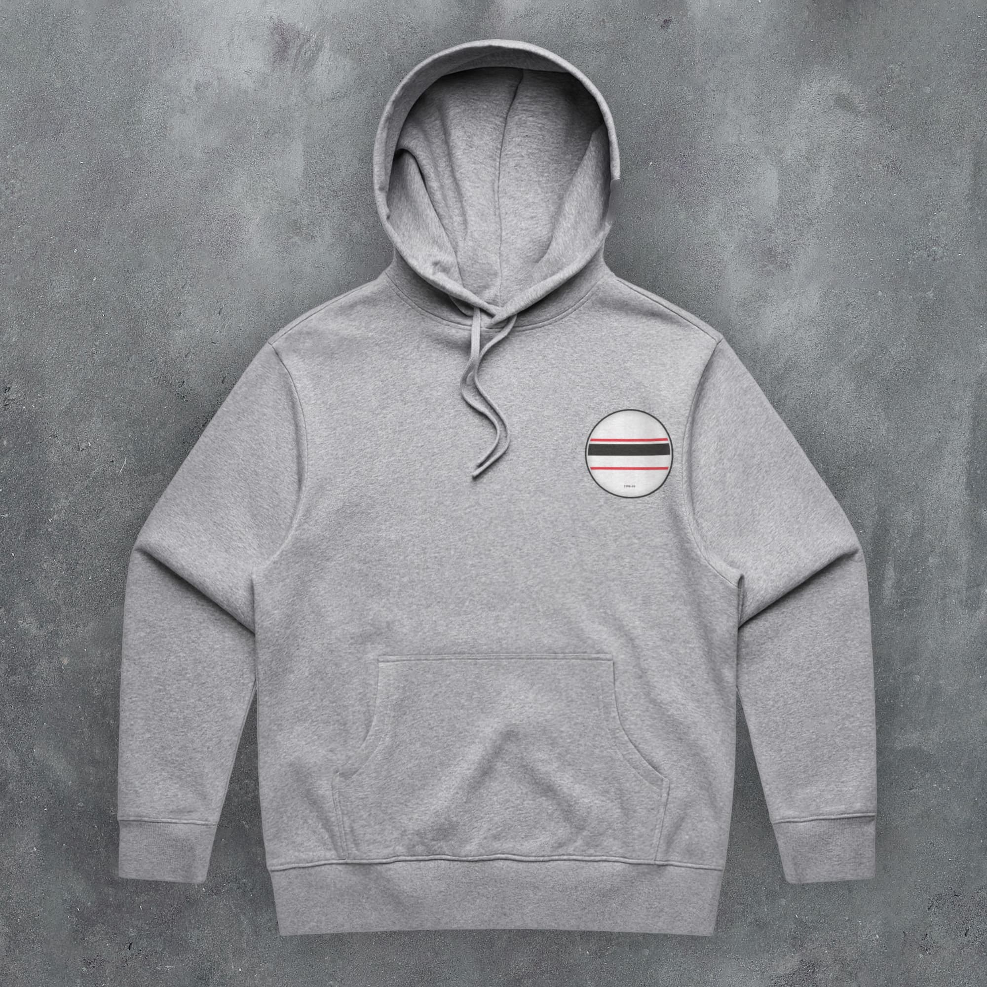a grey hoodie with a red, white, and blue stripe on the chest