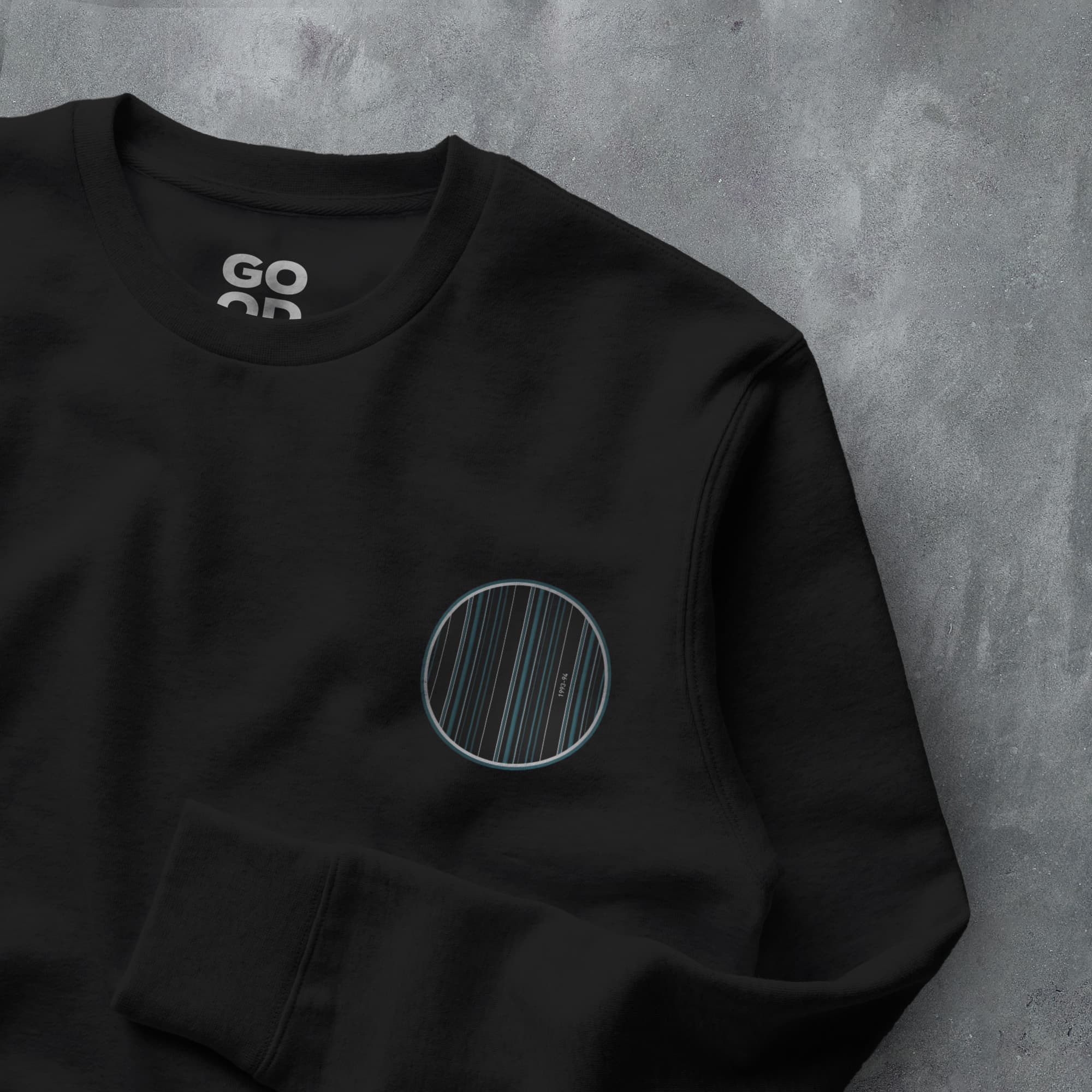 a black sweatshirt with a white logo on it