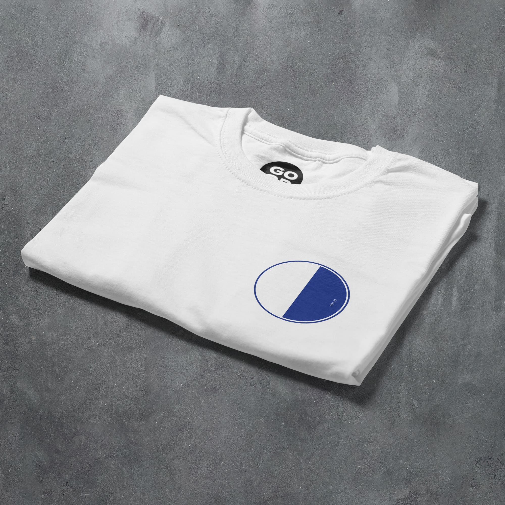 a white t - shirt with a blue circle on it