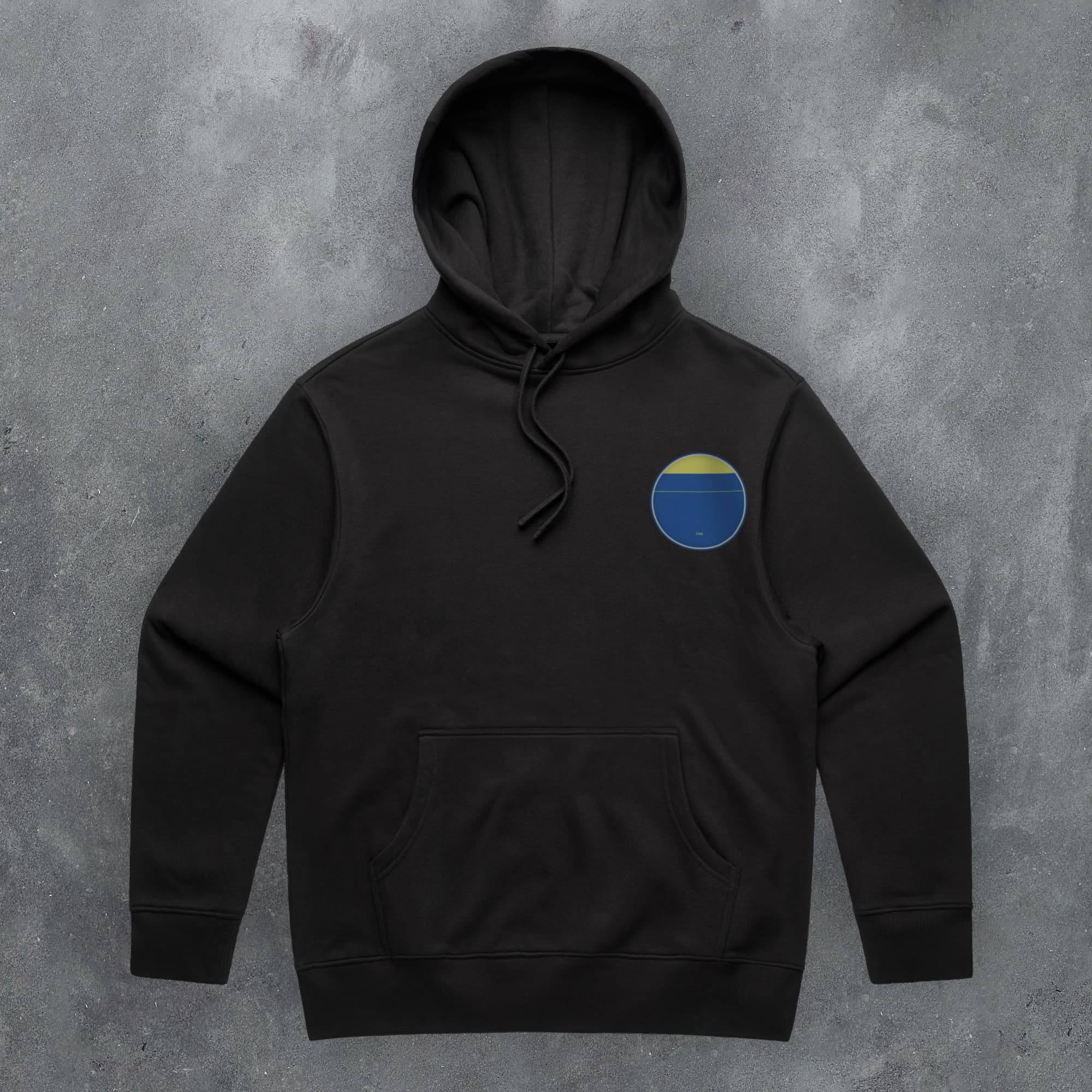 a black hoodie with a blue and yellow circle on it