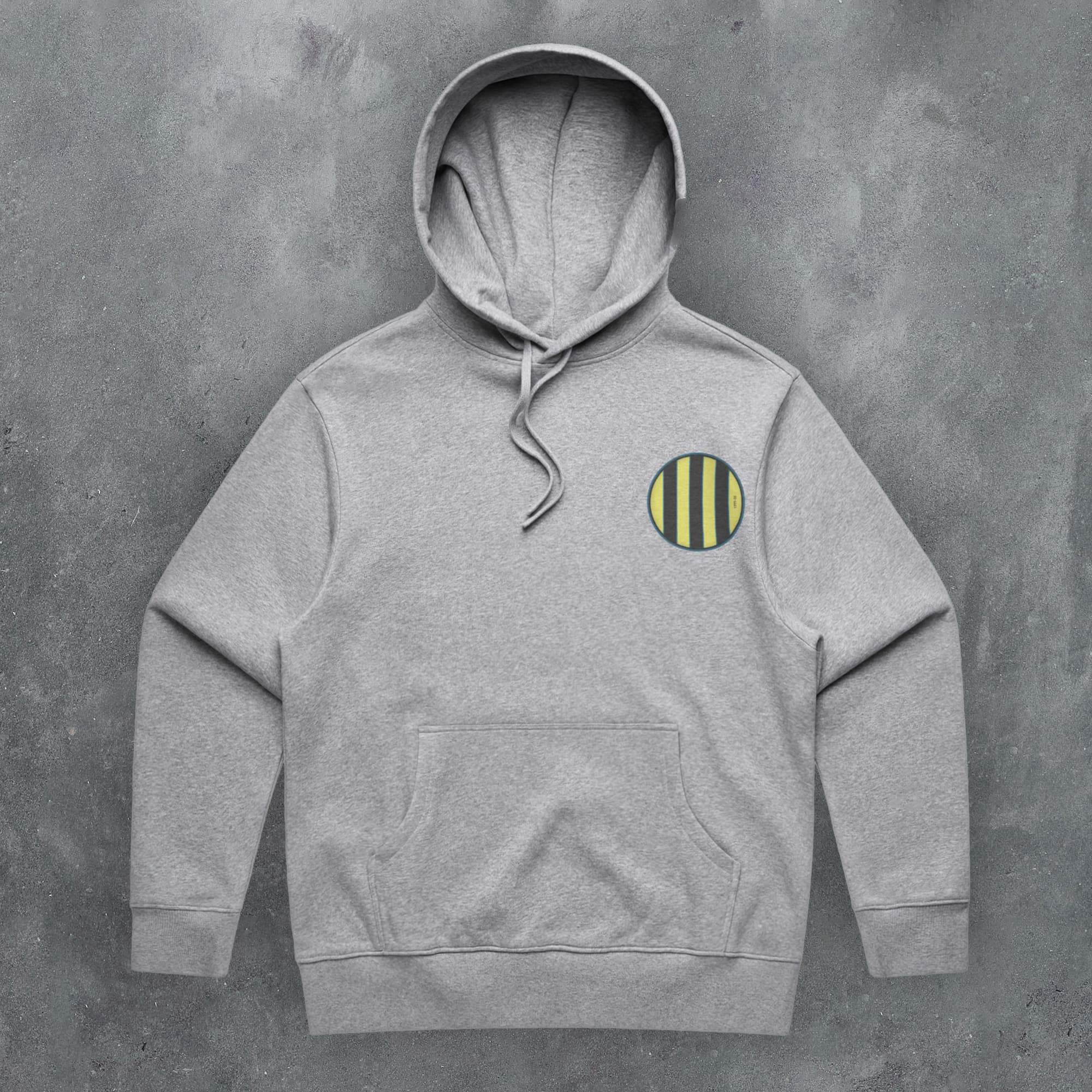 a grey hoodie with a yellow and black stripe on it
