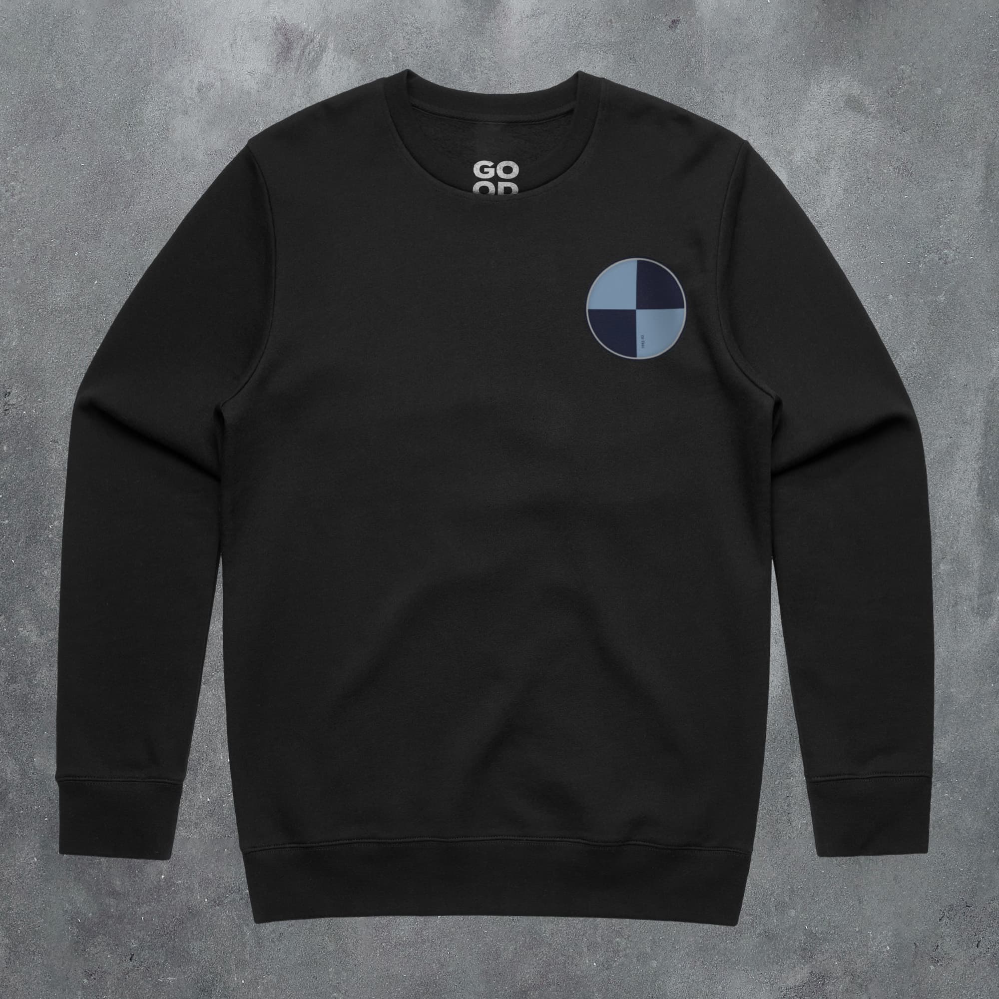a black sweatshirt with a blue and white logo