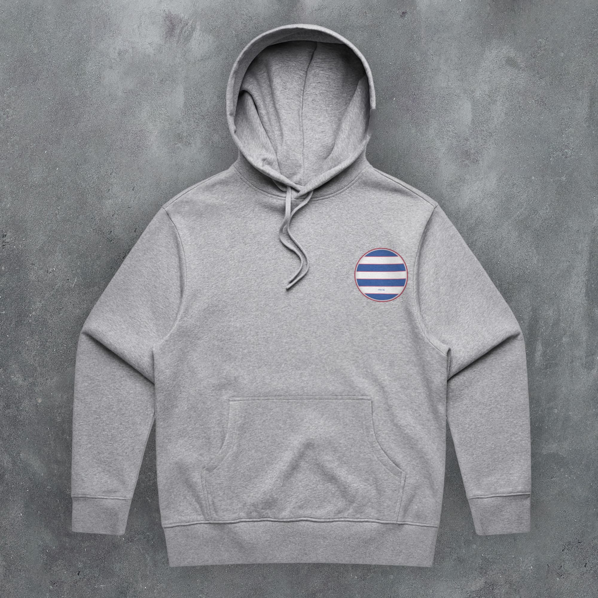 a grey hoodie with a blue and white stripe on it