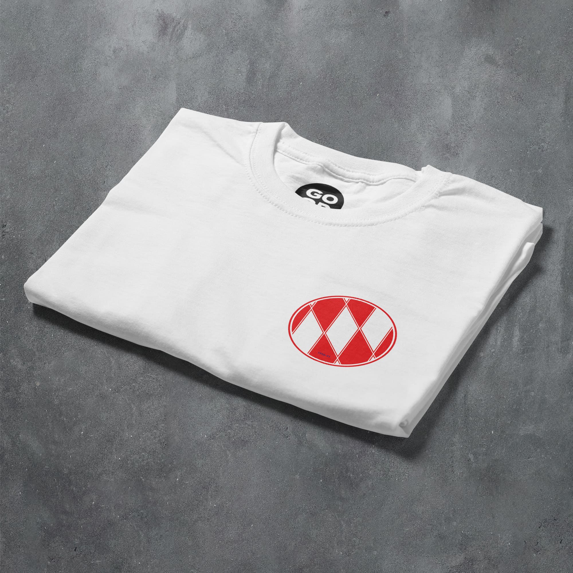 a white t - shirt with a red and black logo