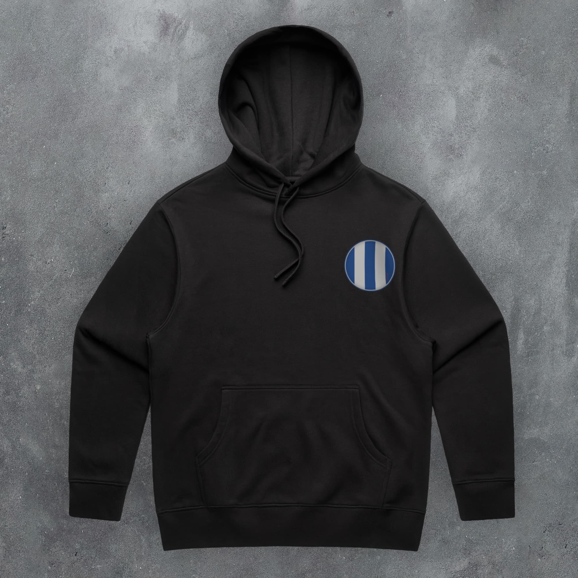 a black hoodie with a blue and white circle on it