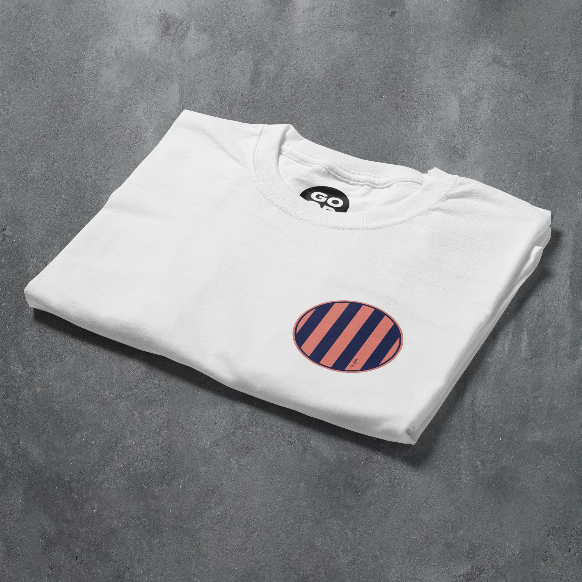 a white t - shirt with an orange and black stripe on the chest