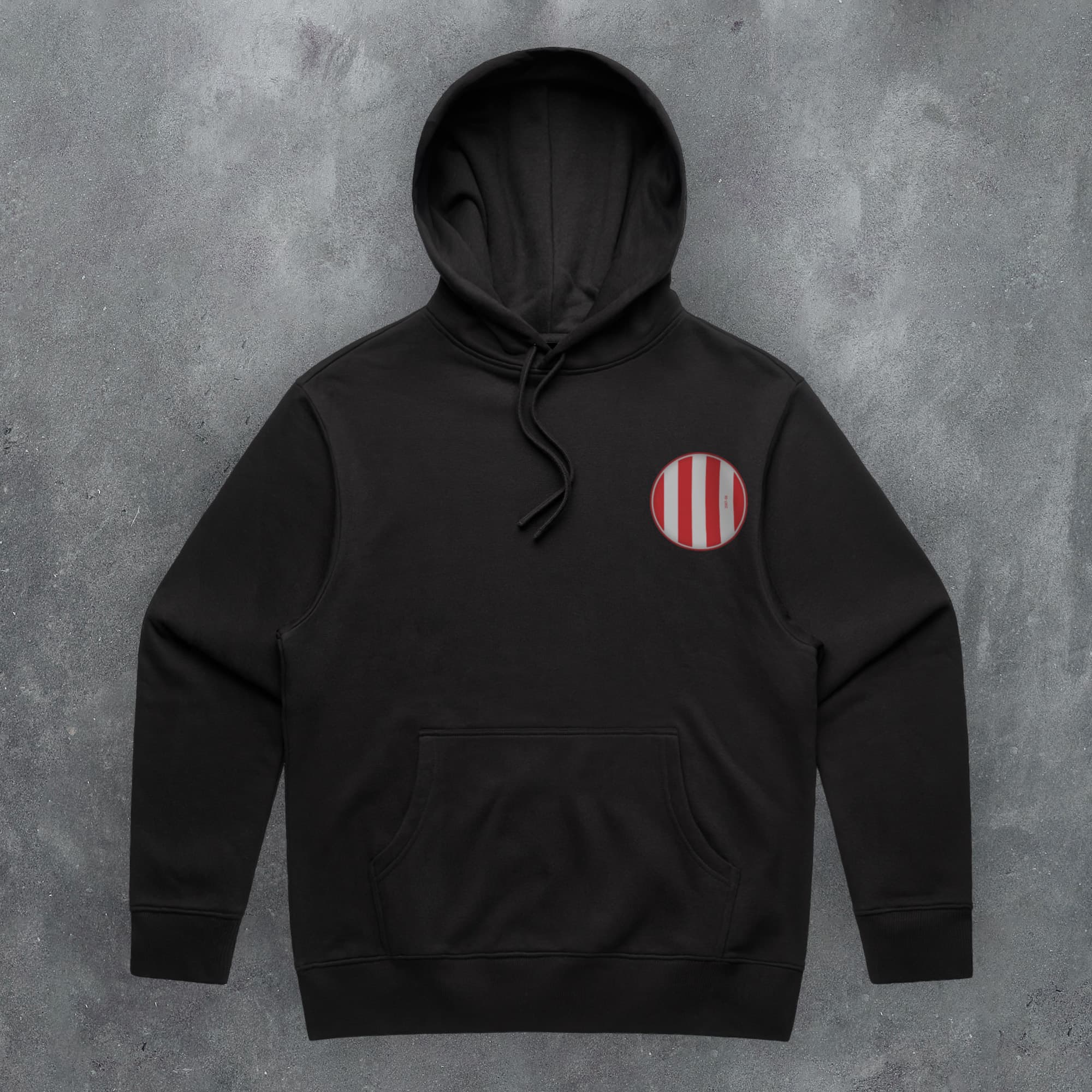 a black hoodie with a red and white stripe on it