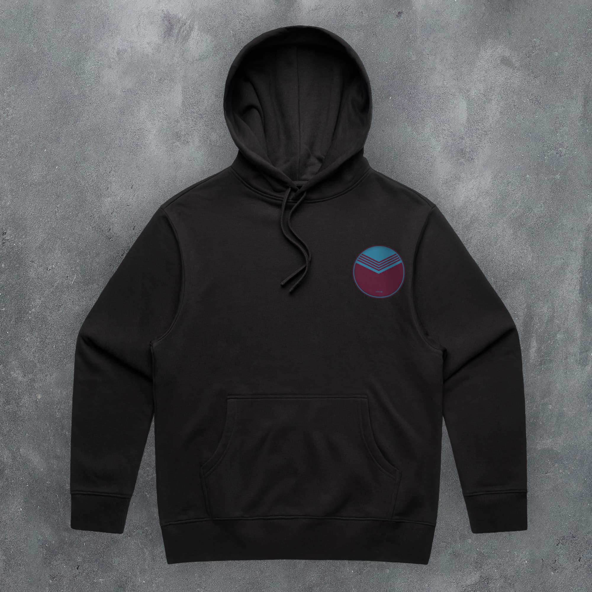 a black hoodie with a red and blue circle on it