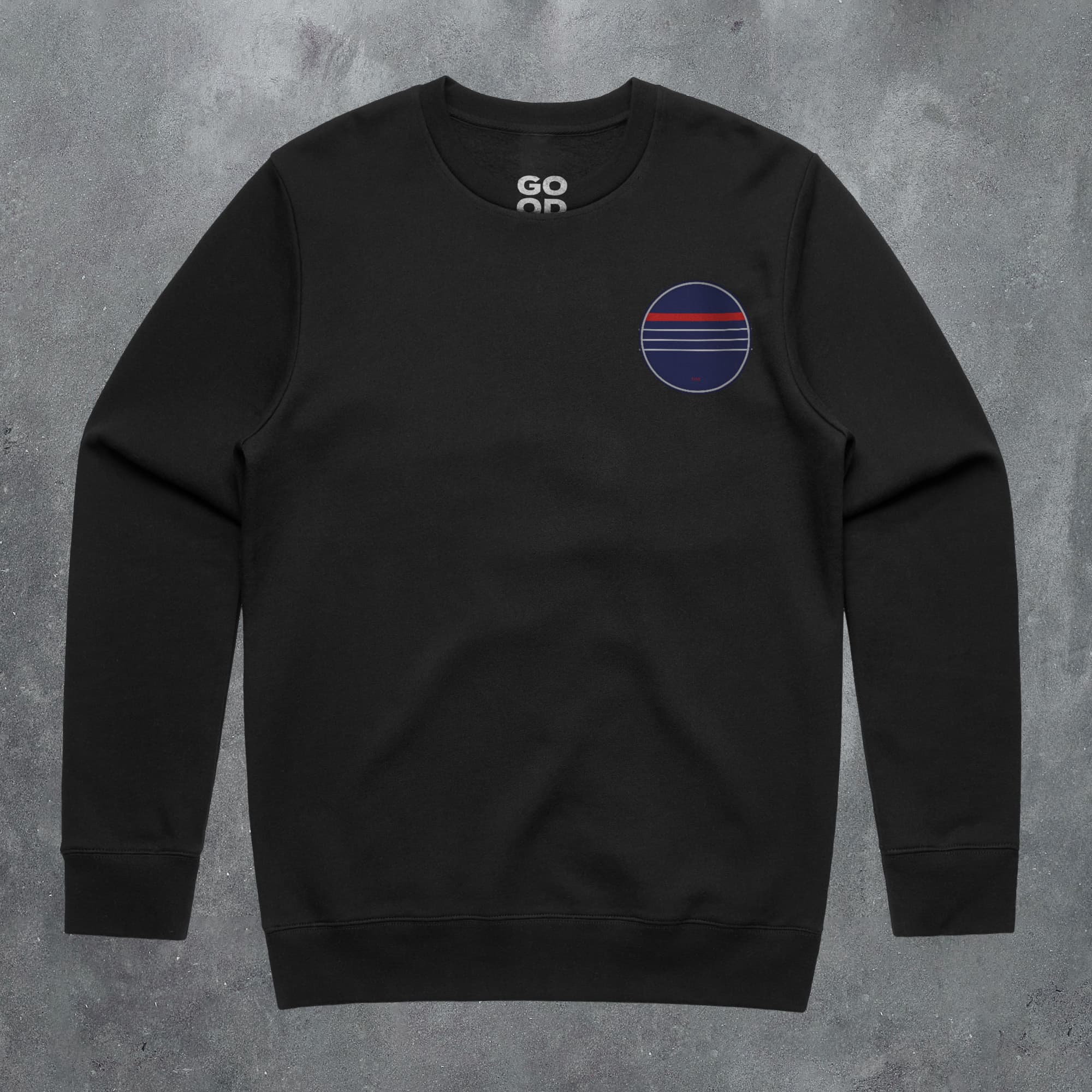 a black sweatshirt with a red, white and blue circle on it