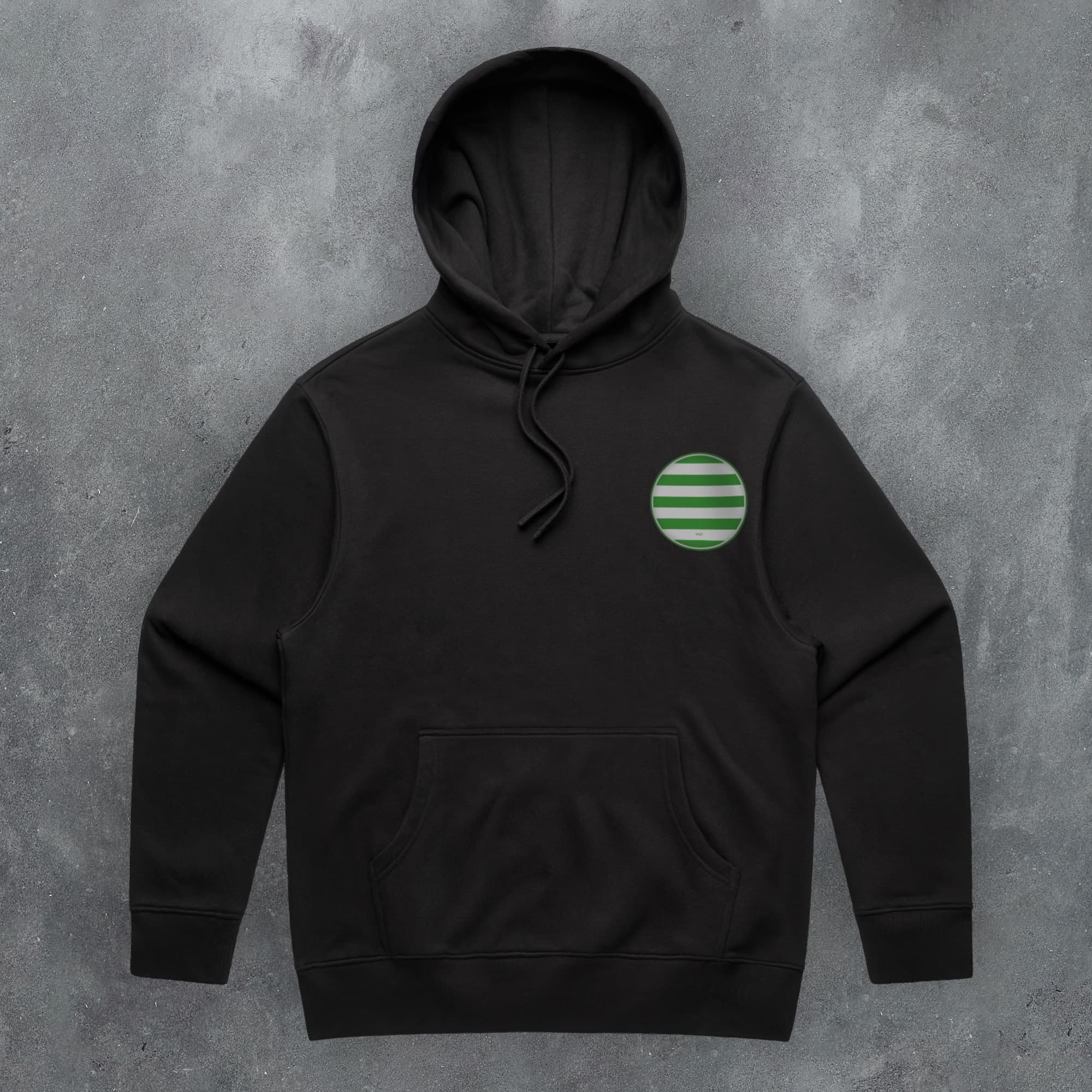 a black hoodie with a green circle on it