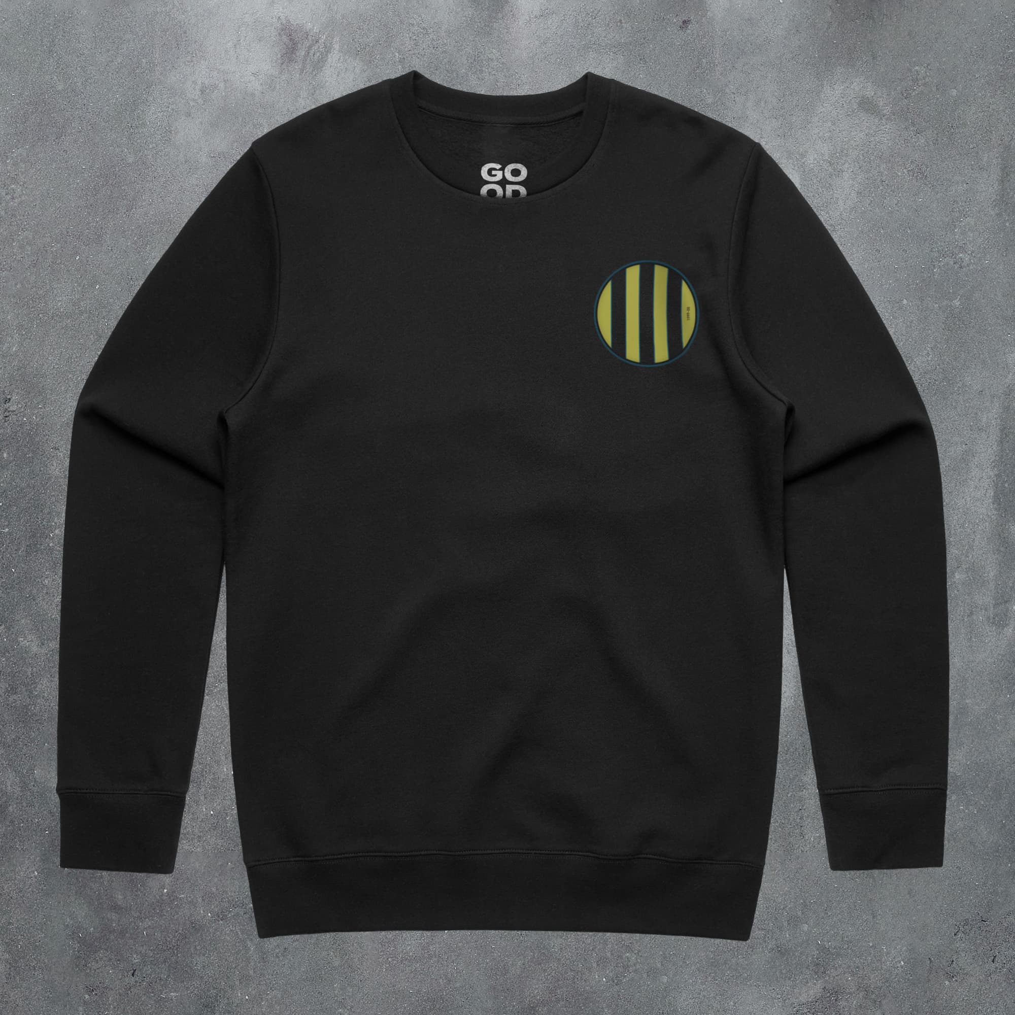 a black sweatshirt with a green circle on it