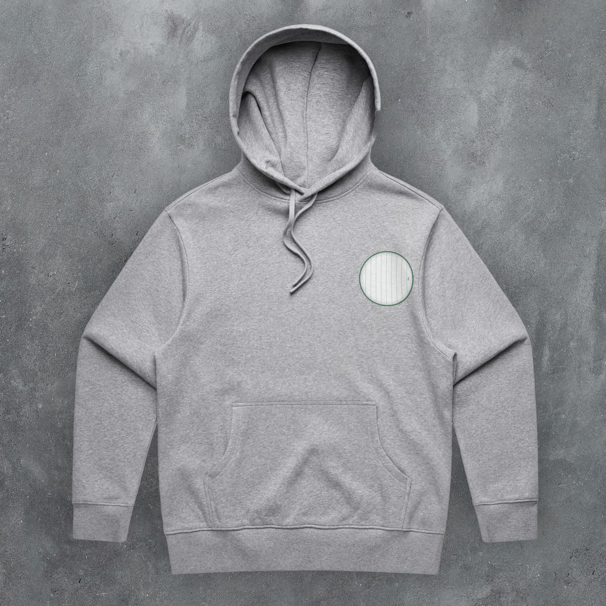 a grey hoodie with a white circle on the front