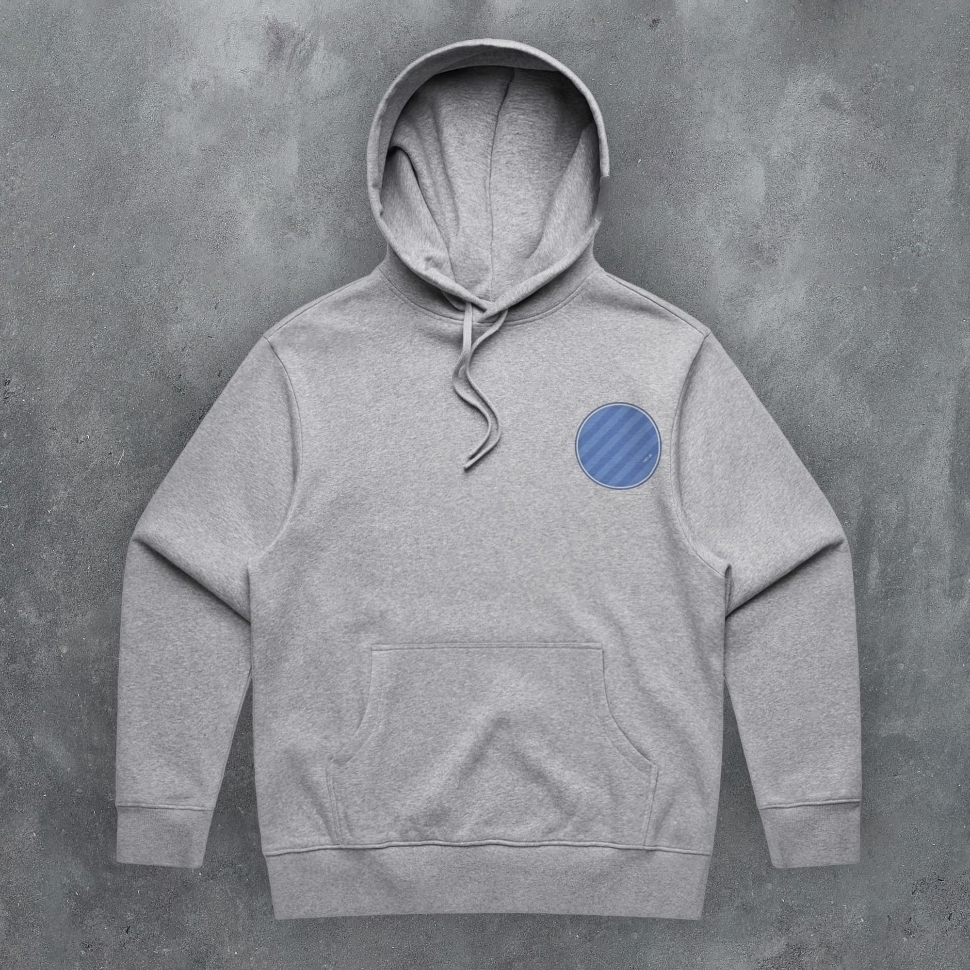 a grey hoodie with a blue circle on it