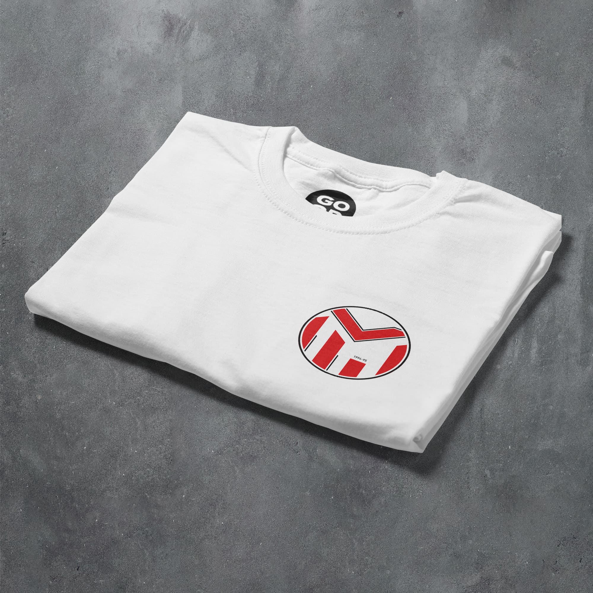 a white t - shirt with a red and black logo