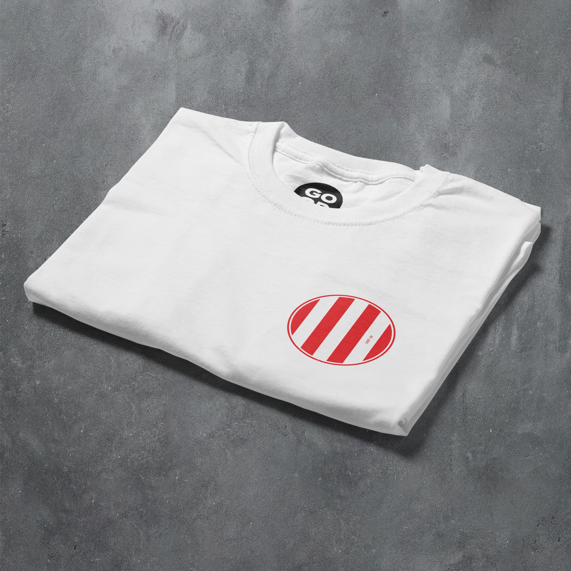 a white t - shirt with a red circle on the front