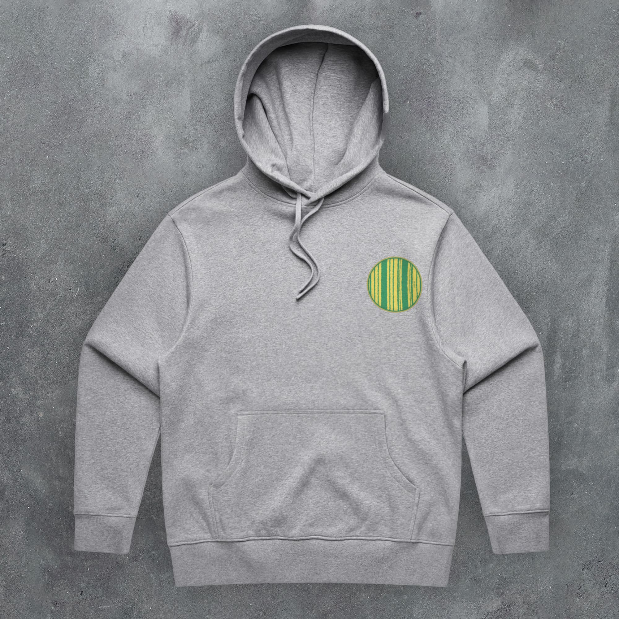 a grey hoodie with a green and yellow stripe on it