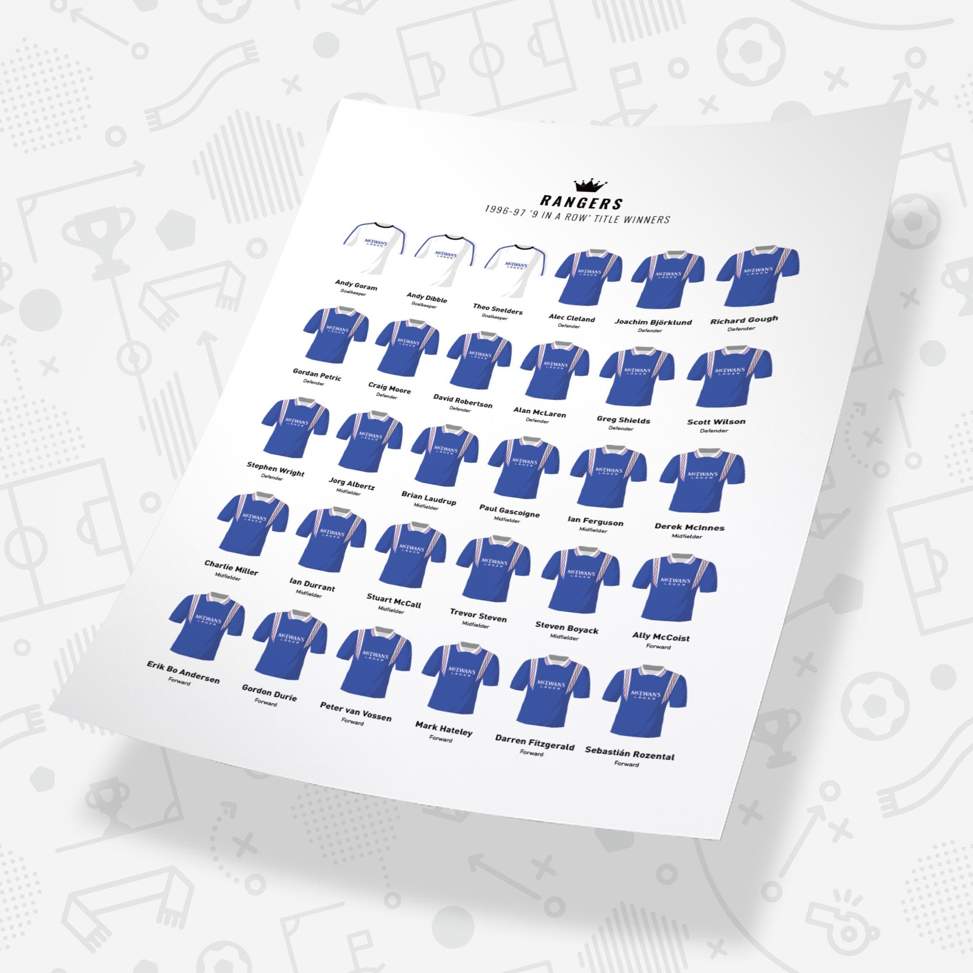 Rangers 1997 'Nine In a Row' Football Team Print Good Team On Paper