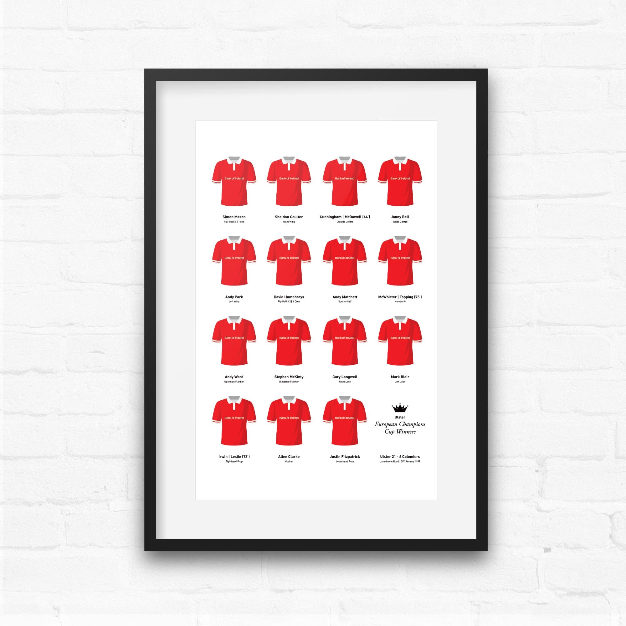 Ulster Rugby Union 1999 European Champions Cup Winners Team Print Gift