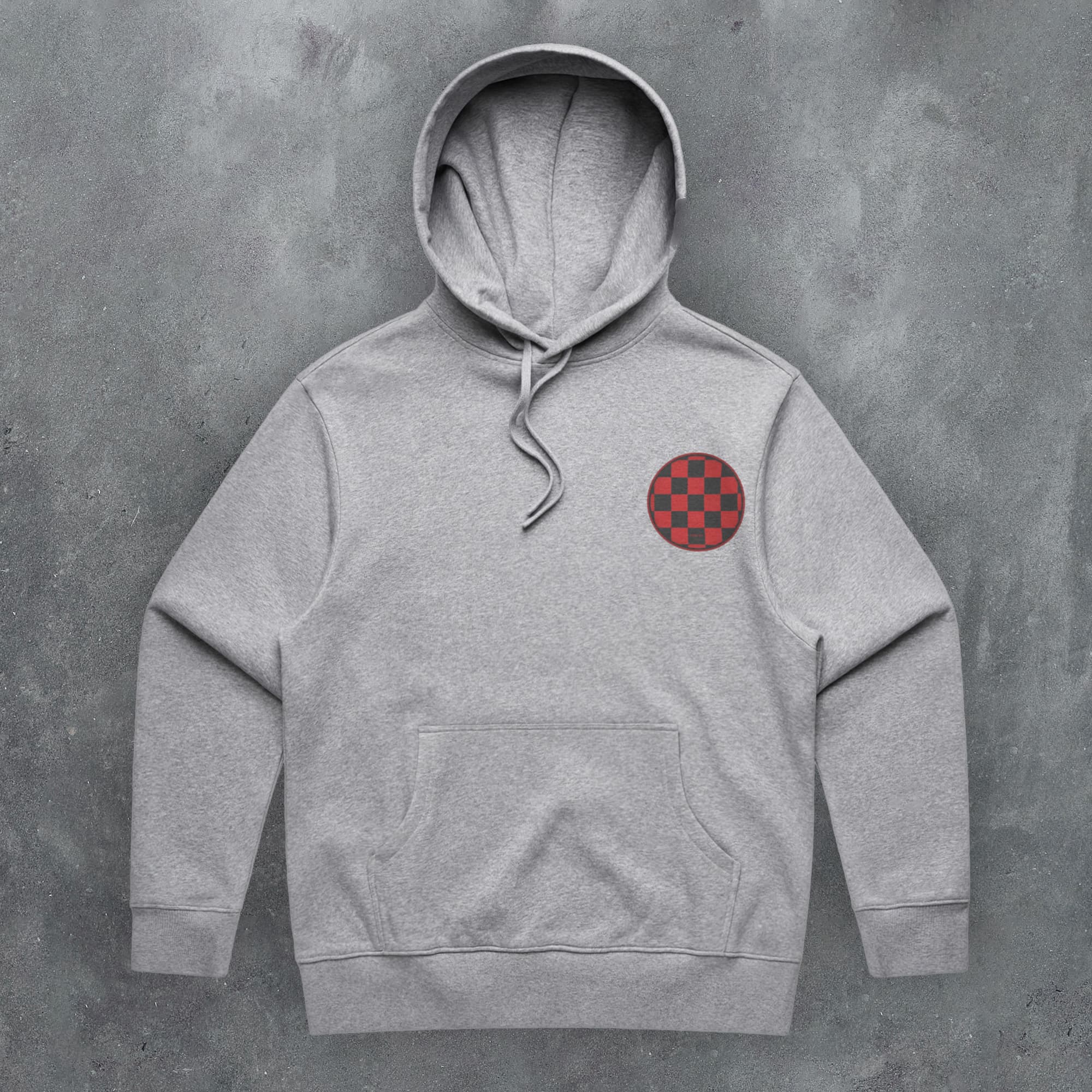 a grey hoodie with a red checkered circle on it