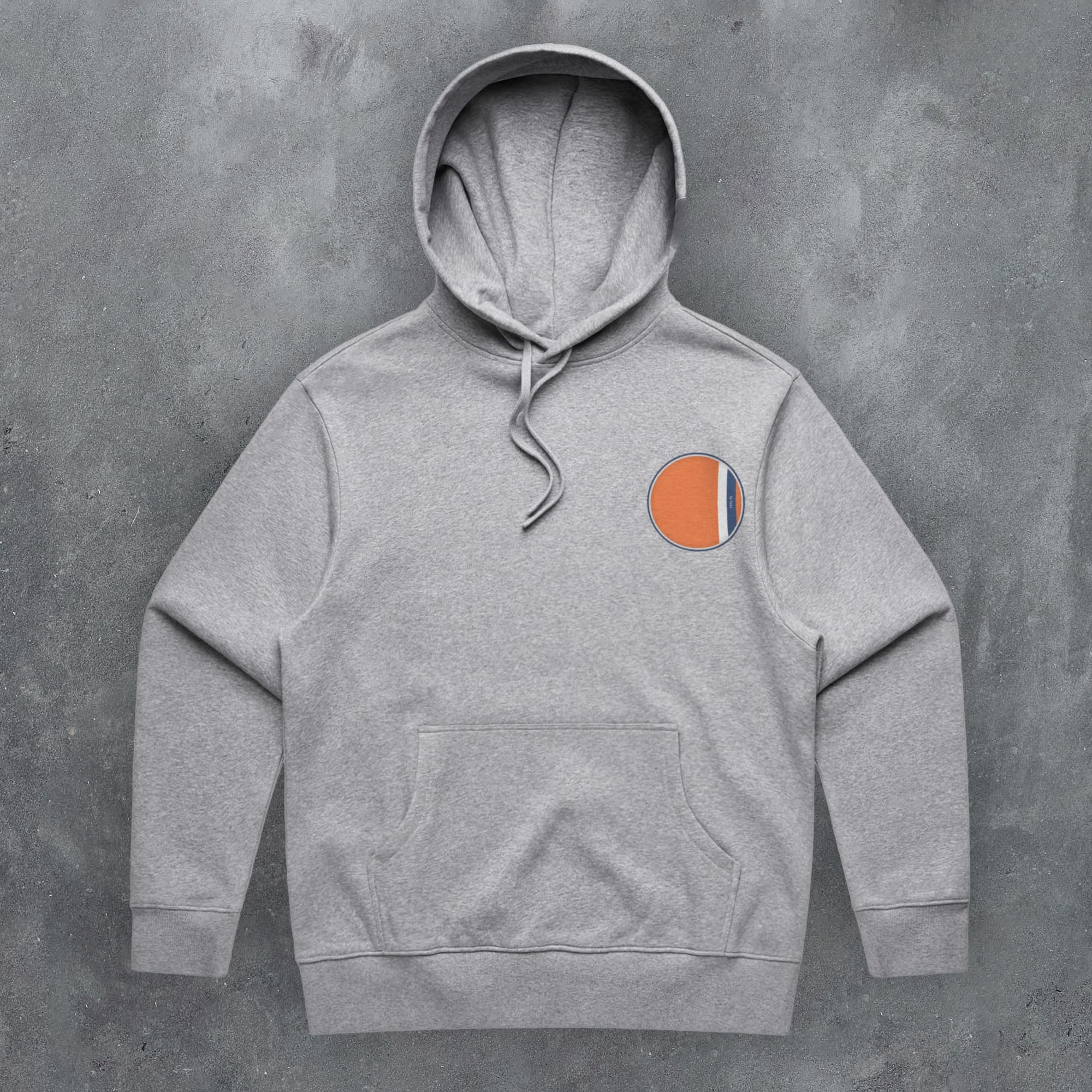 a grey hoodie with an orange circle on it