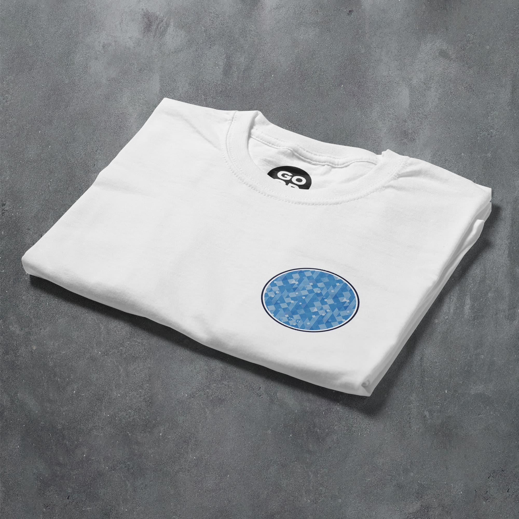 a white t - shirt with a blue circle on it