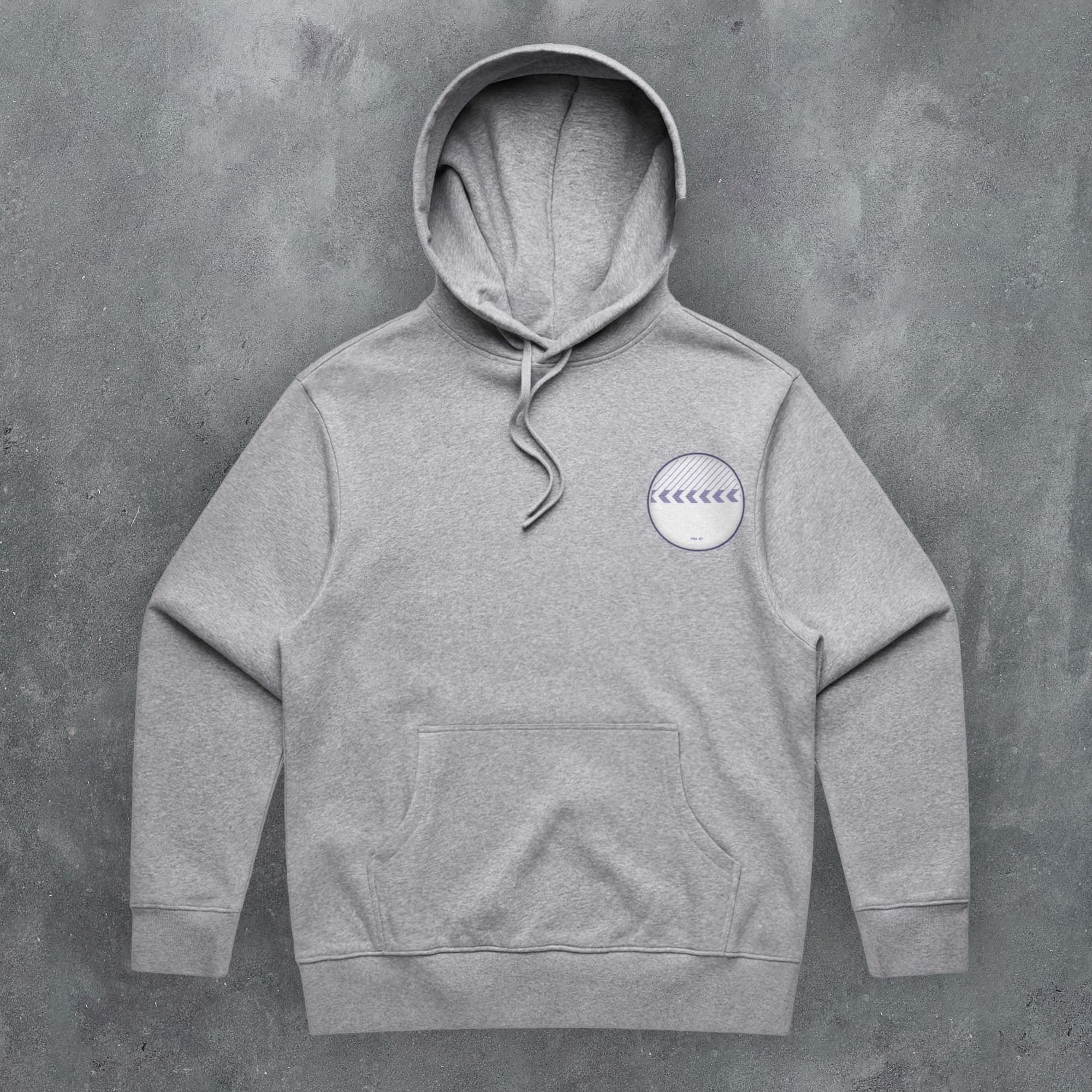 a grey hoodie with a white circle on it