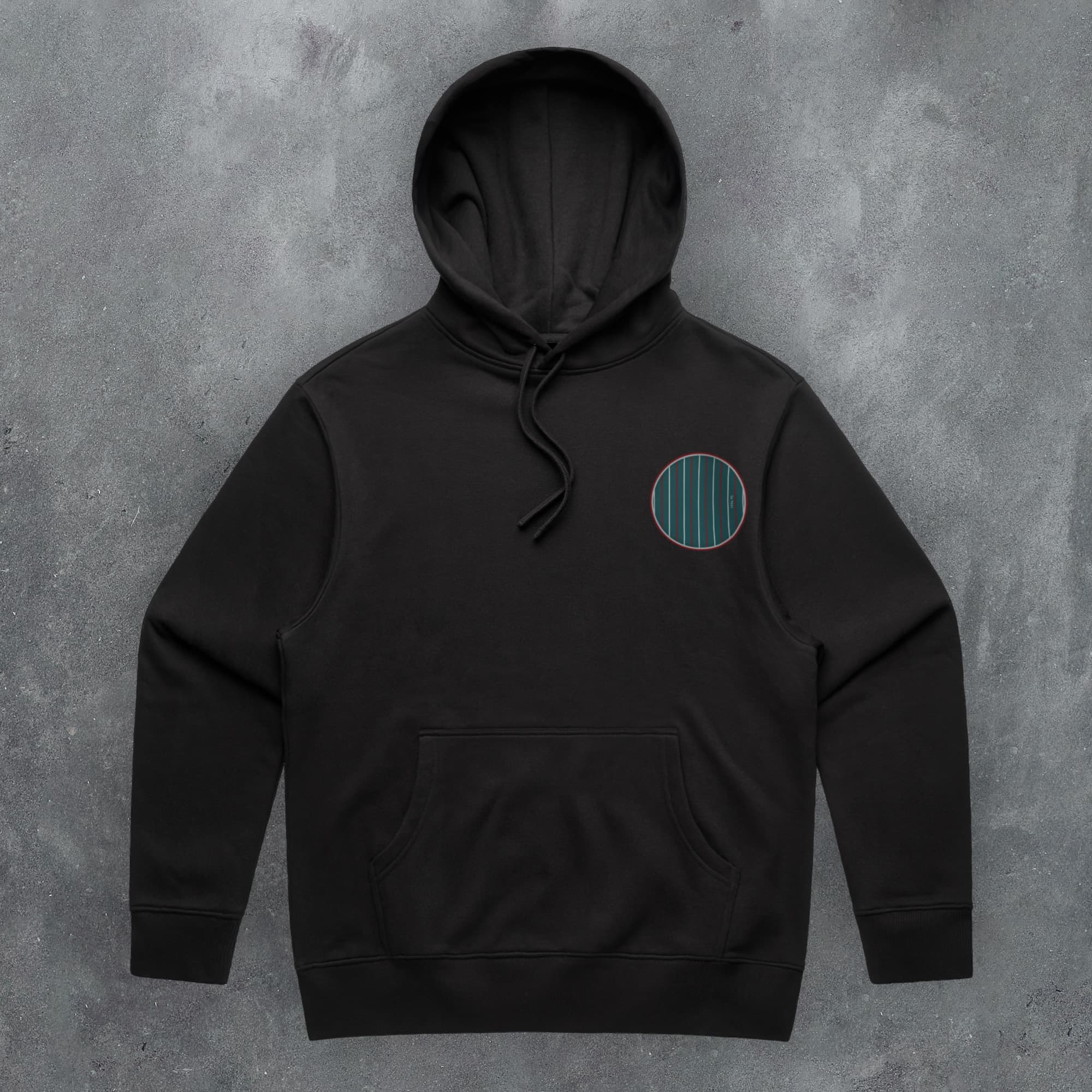 a black hoodie with a green circle on it