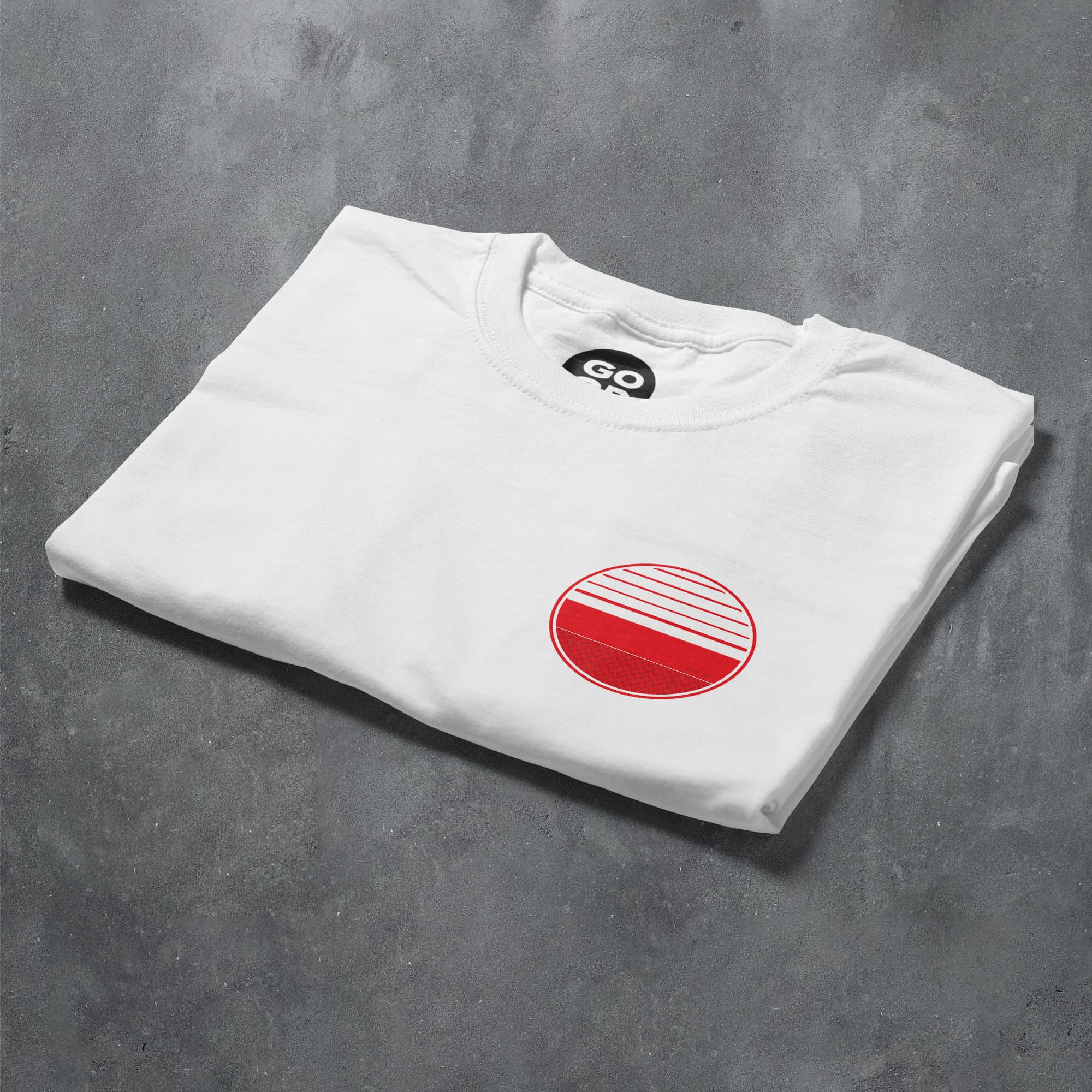 a white t - shirt with a red circle on it