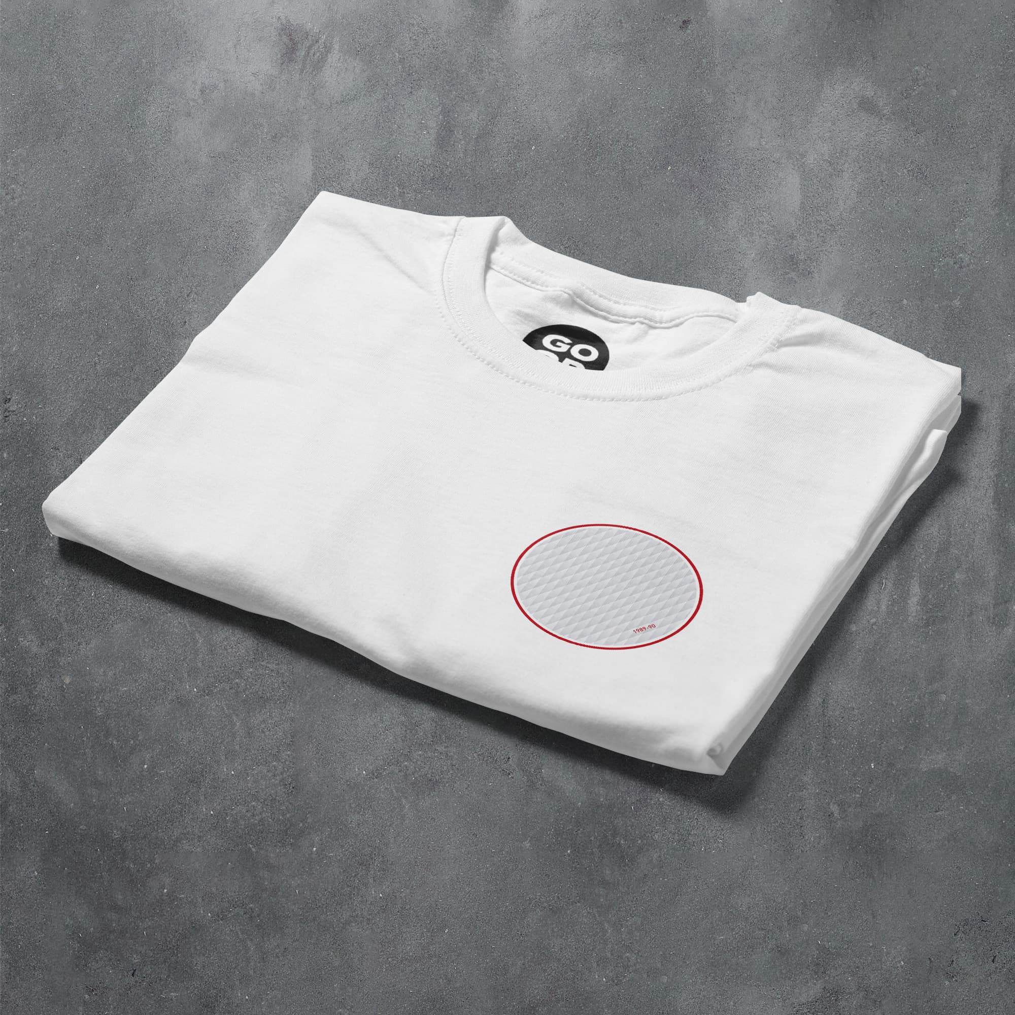 a white t - shirt with a red circle on it