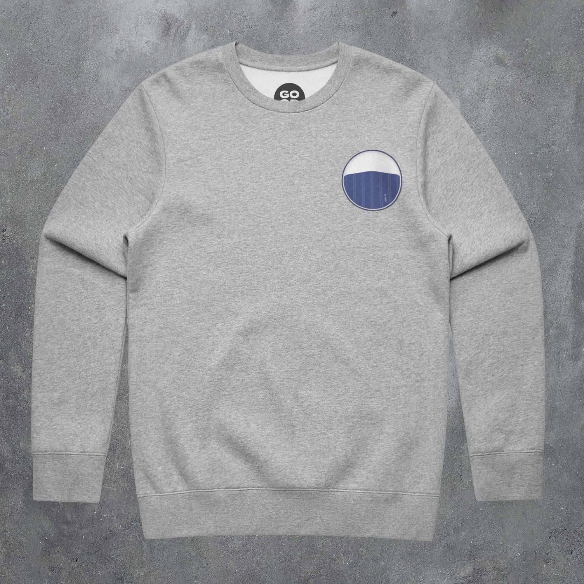 a grey sweatshirt with a blue circle on the chest