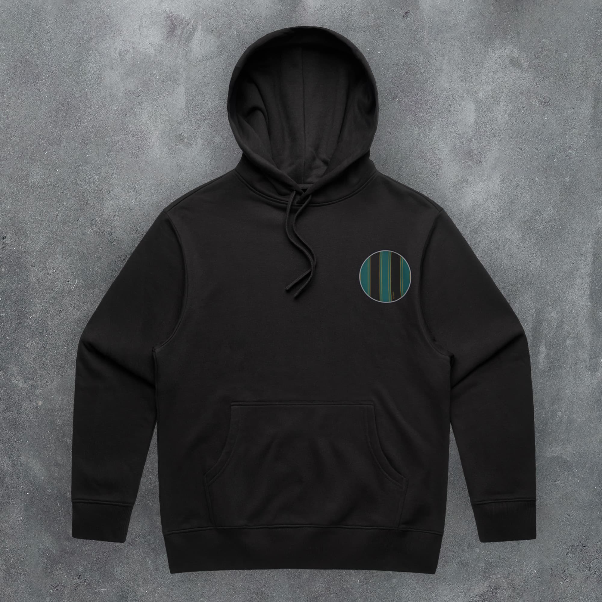 a black hoodie with a green circle on it