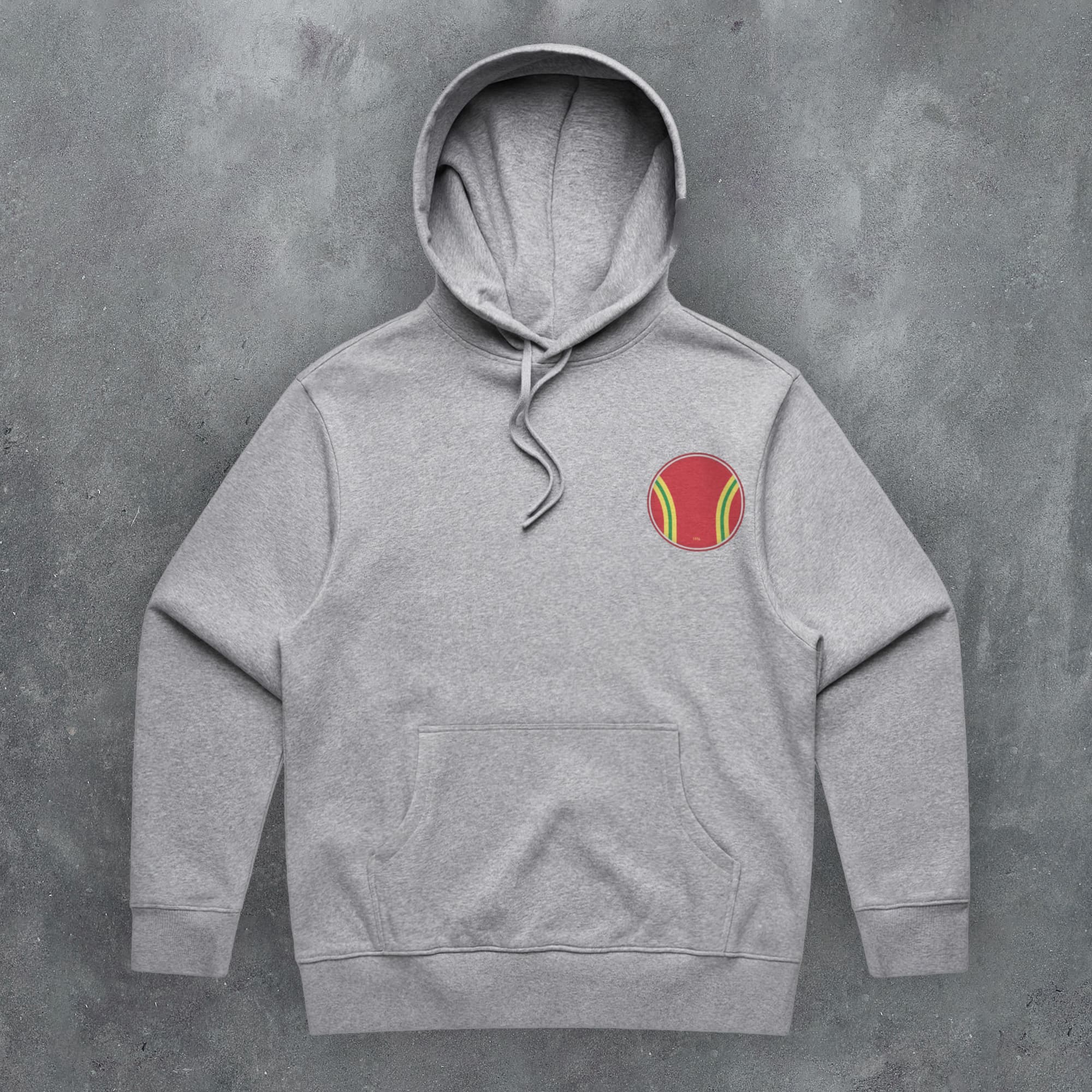 a grey hoodie with a tennis ball on it
