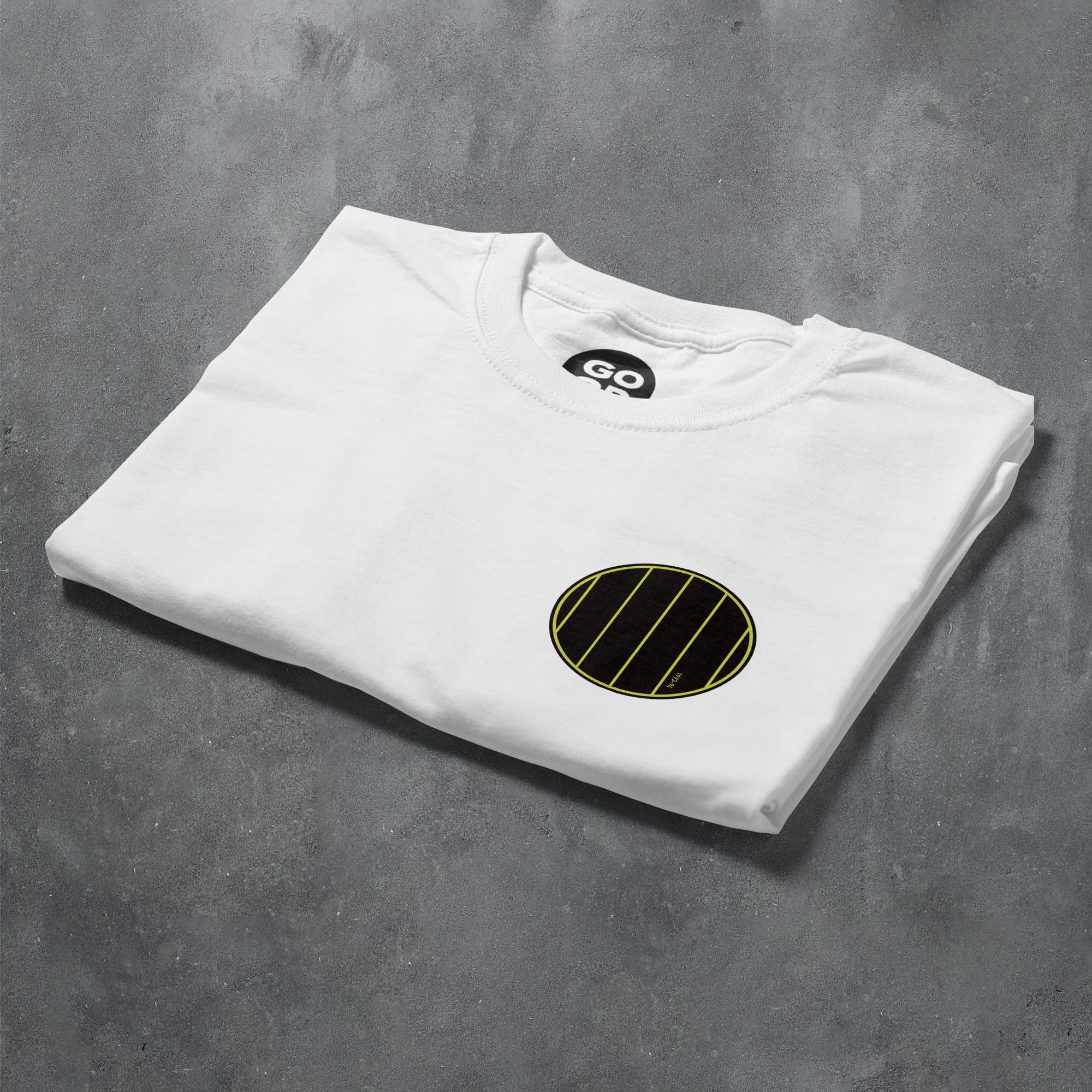a white t - shirt with a black and yellow logo