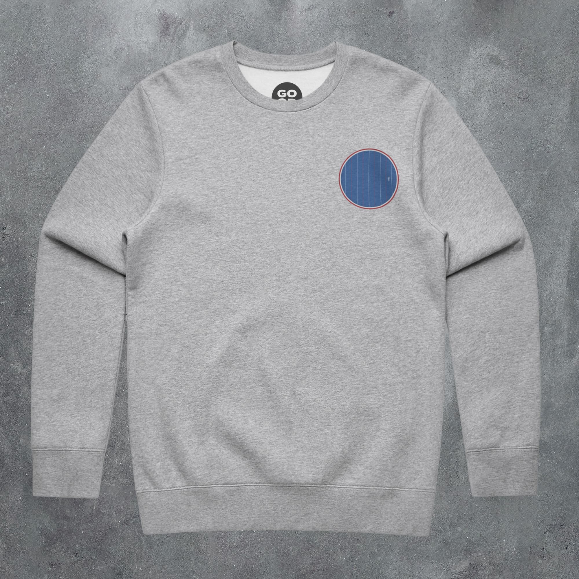 a grey sweatshirt with a blue circle on the front