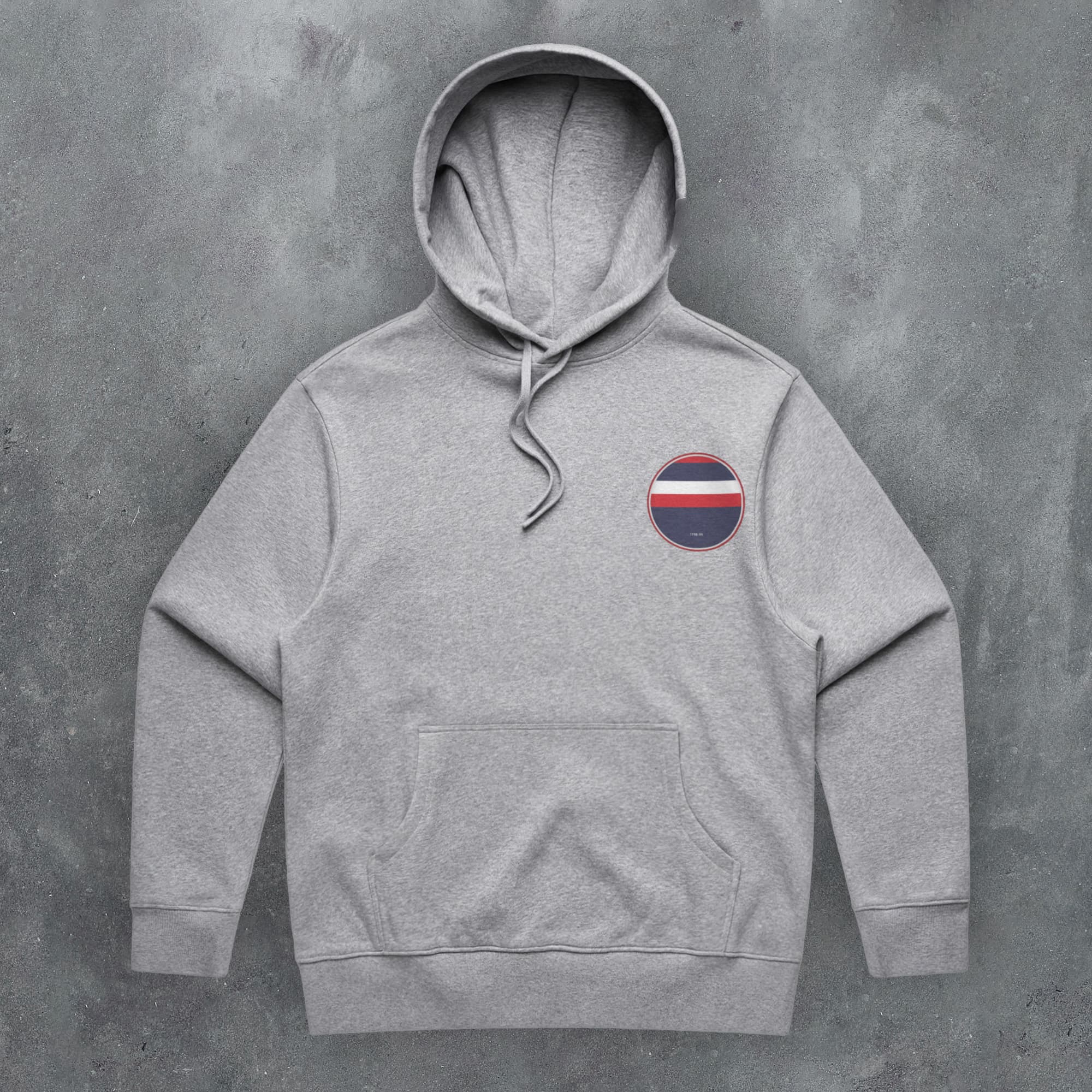 a grey hoodie with a red, white and blue stripe on the chest
