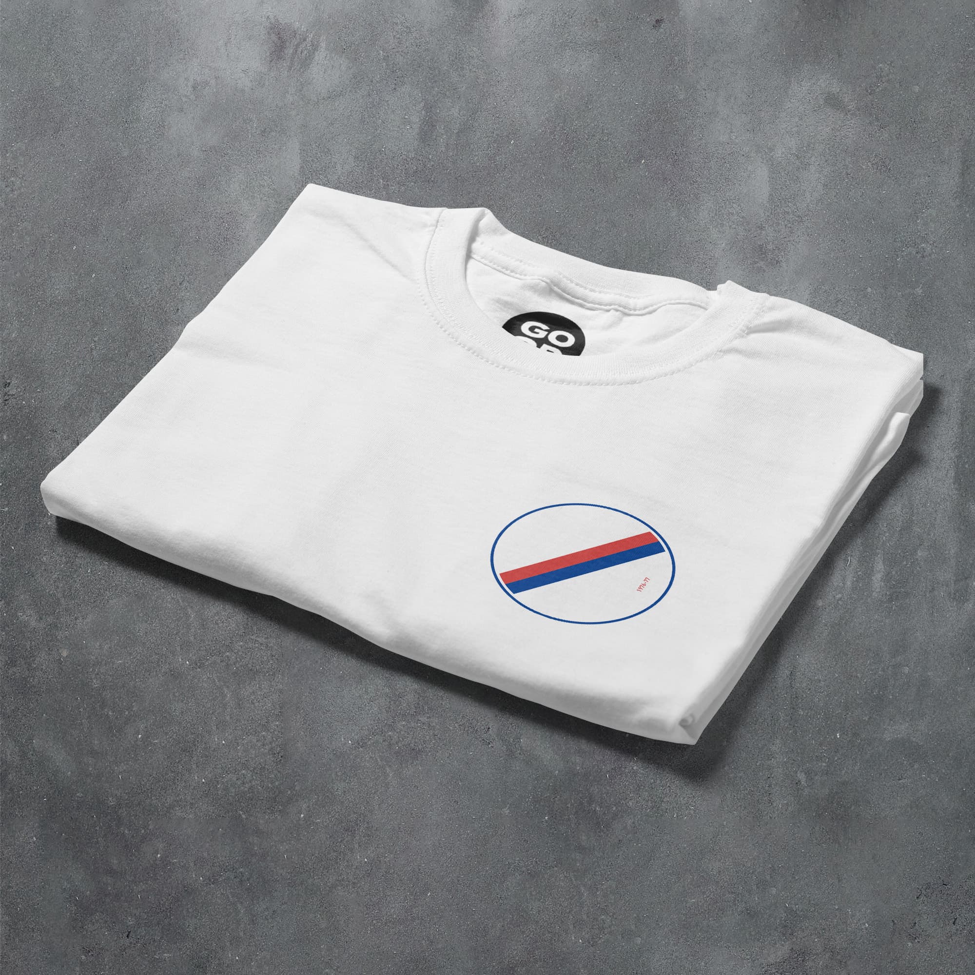 a white t - shirt with a red, white, and blue stripe on the