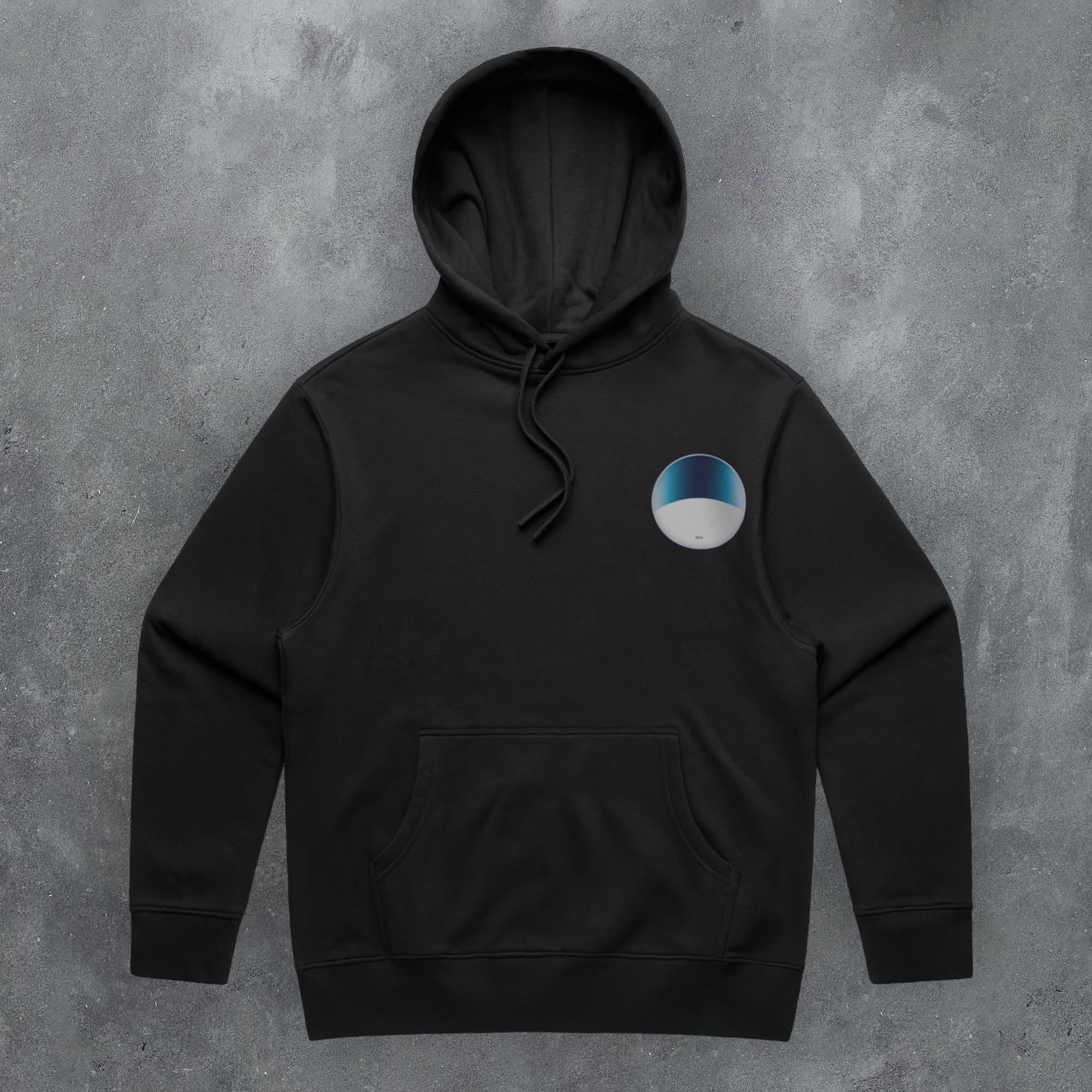 a black hoodie with a blue and white circle on it