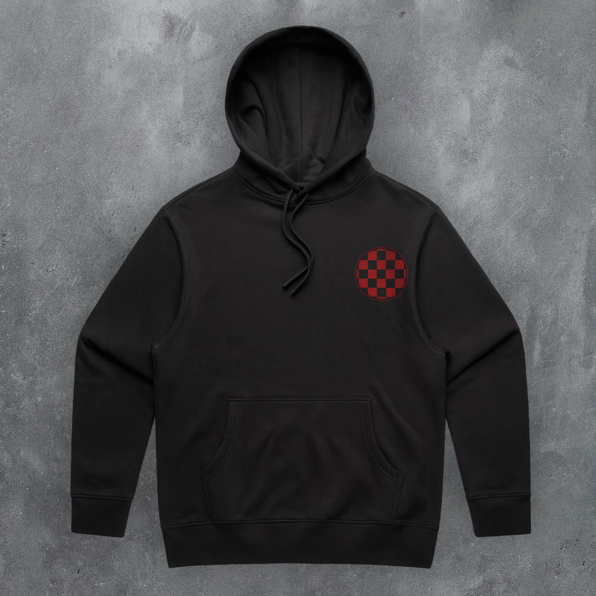 a black hoodie with a red checkered design on it