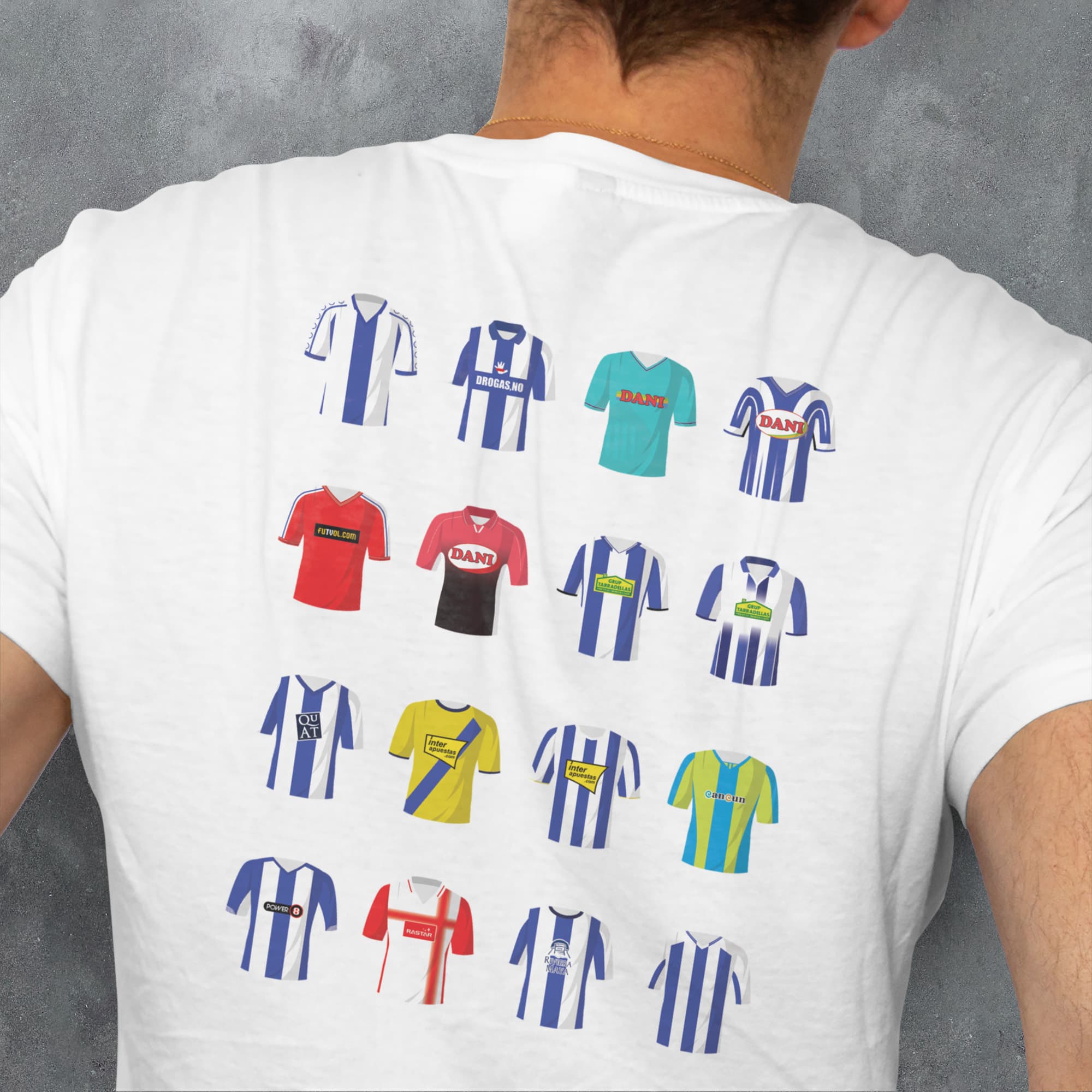 a man wearing a t - shirt with a bunch of shirts on it