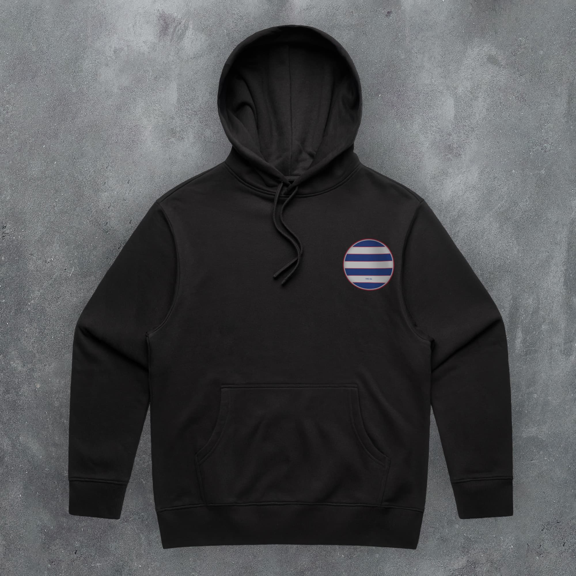 a black hoodie with a blue and white stripe on it