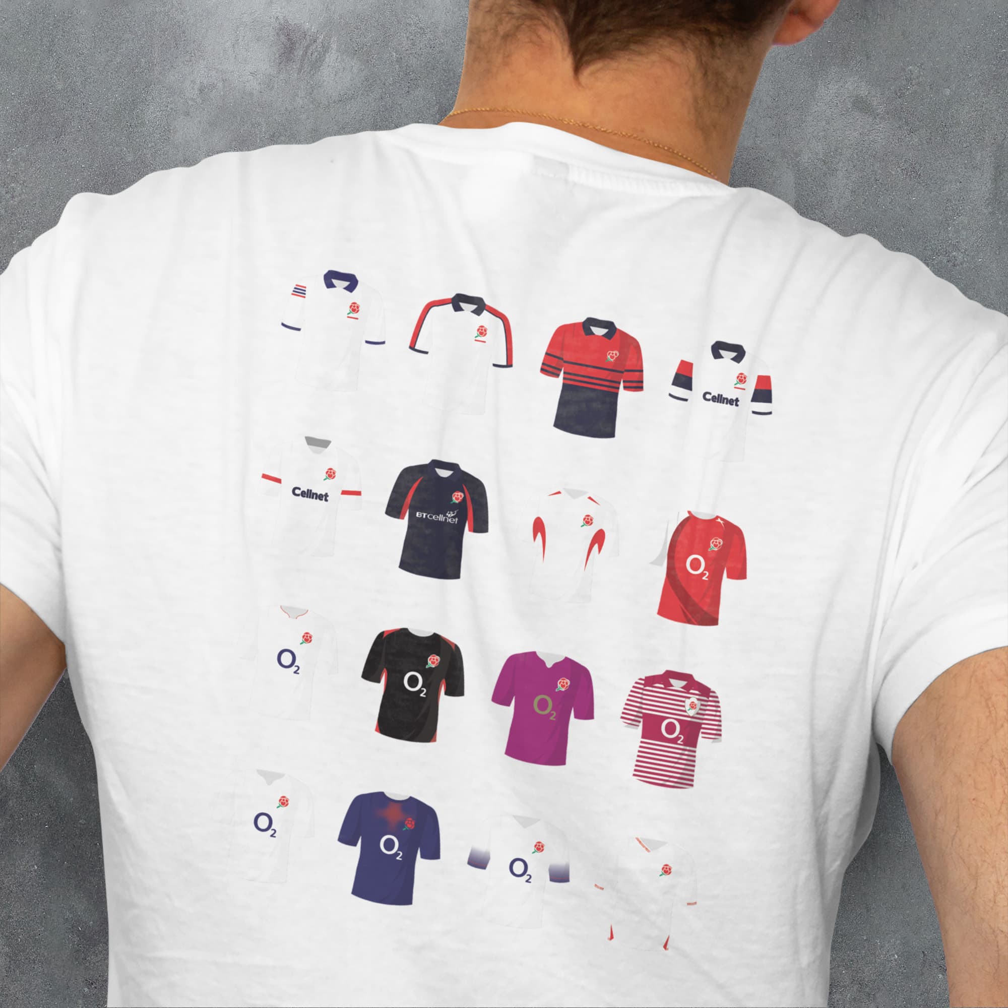 a man wearing a t - shirt with a bunch of different shirts on it