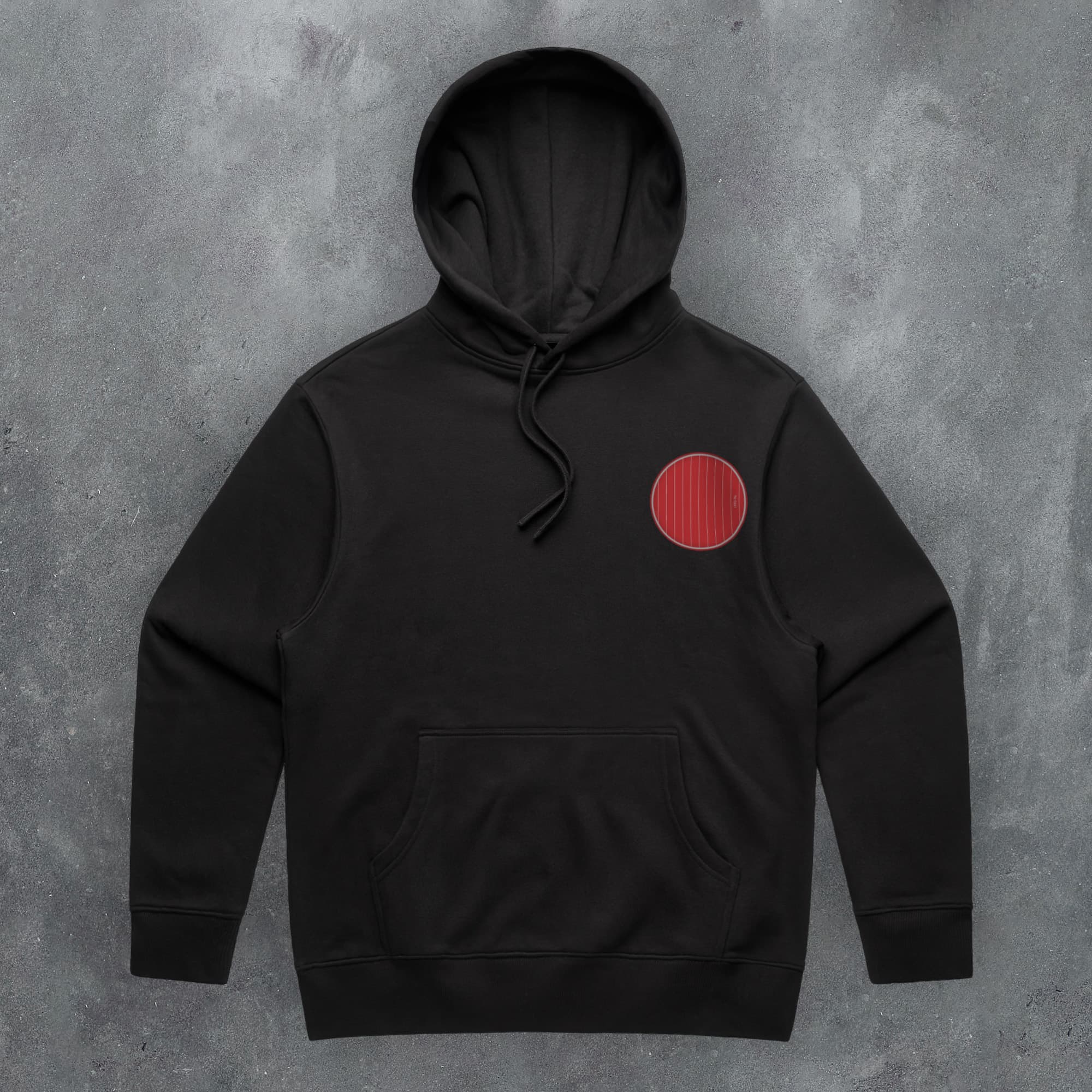 a black hoodie with a red circle on it