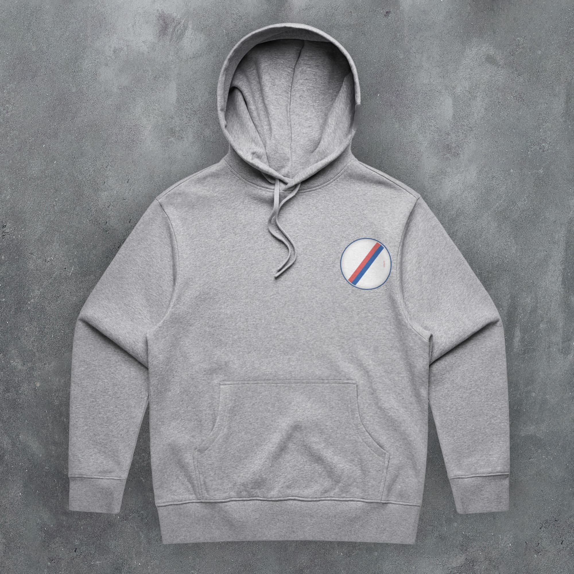 a grey hoodie with a red, white and blue stripe on it
