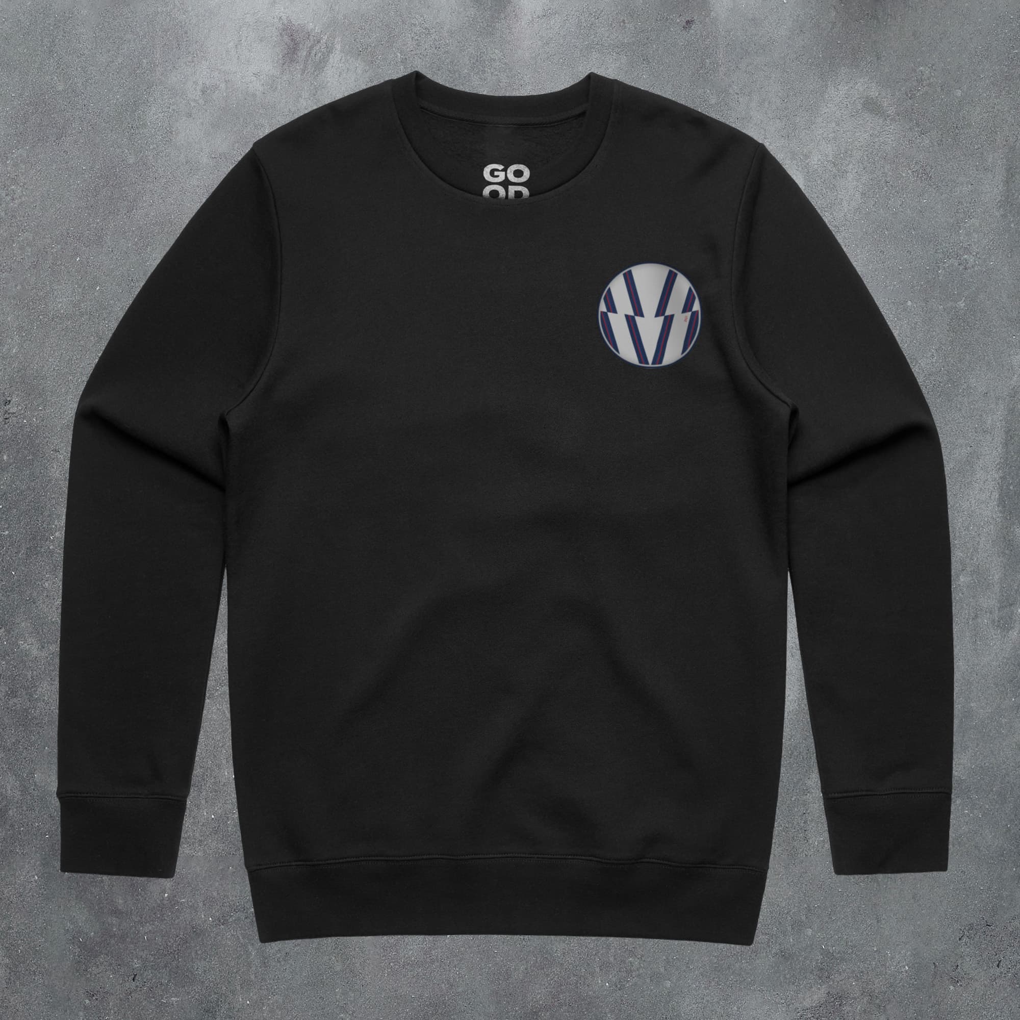 a black sweatshirt with a blue and white logo on it