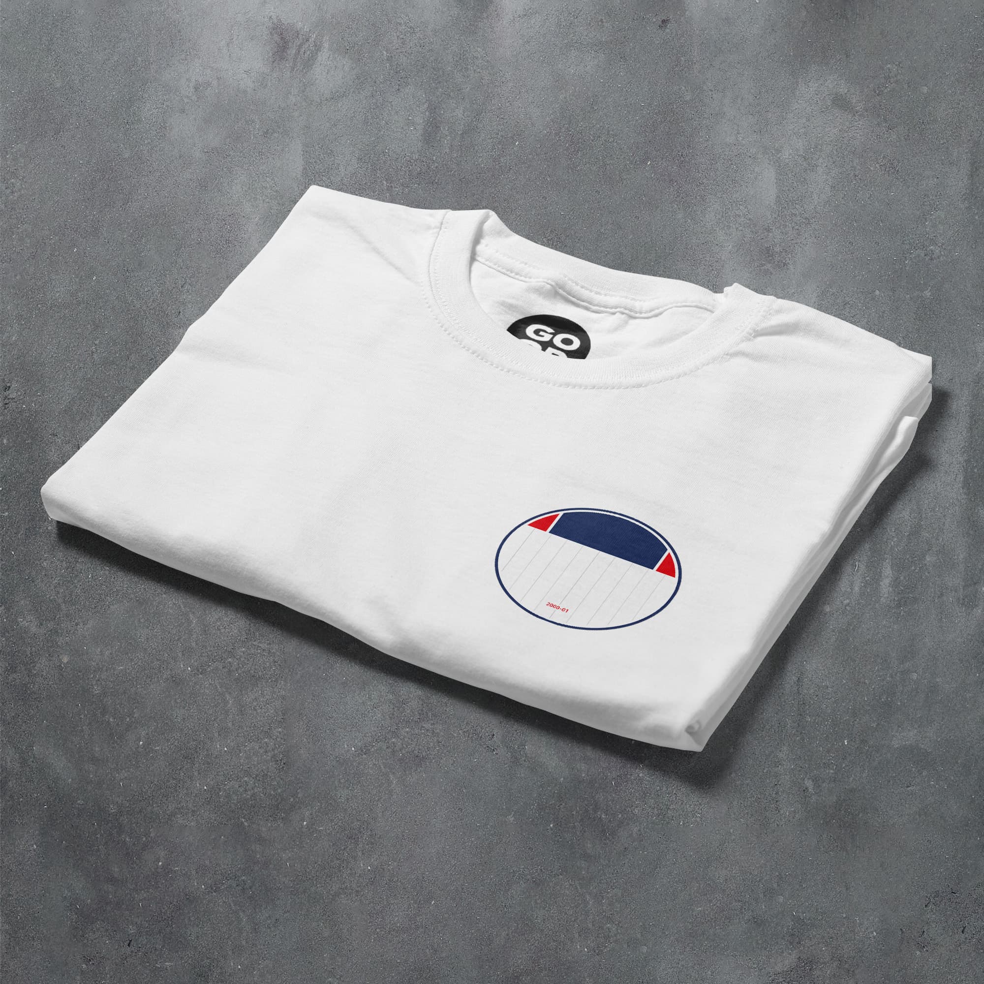 a white t - shirt with a red, white, and blue circle on the