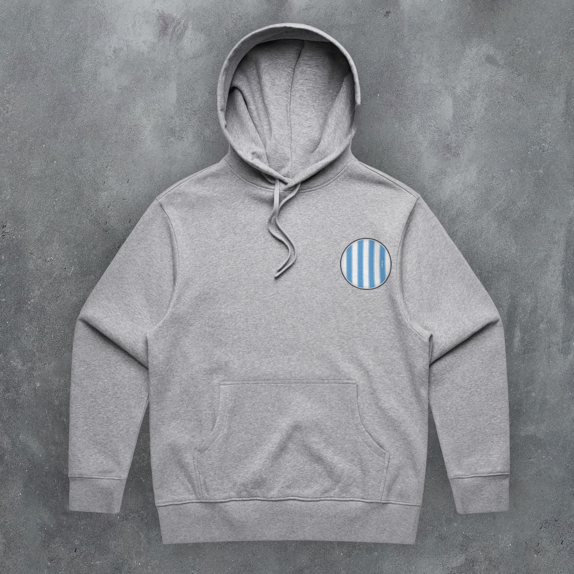 a grey hoodie with a blue and white striped patch on it